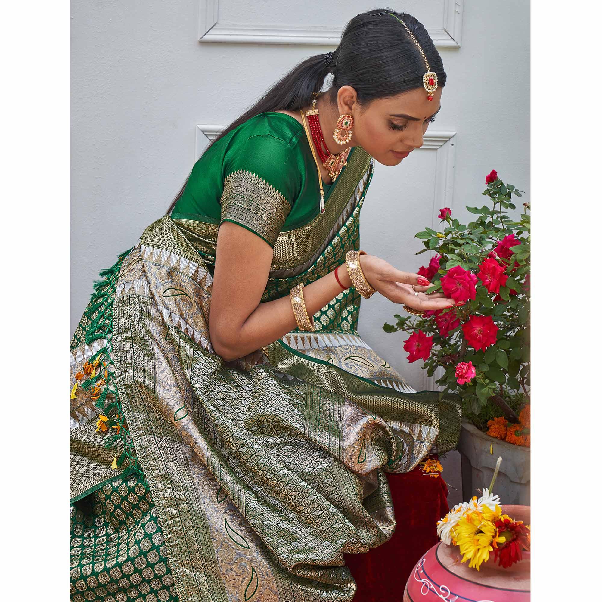 Green Woven Art Silk Saree With Tassels - Peachmode
