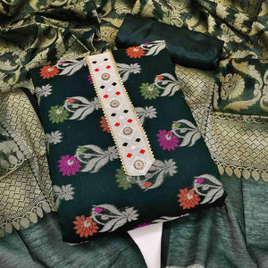 Green Woven Banarasi Dress Material - Peachmode