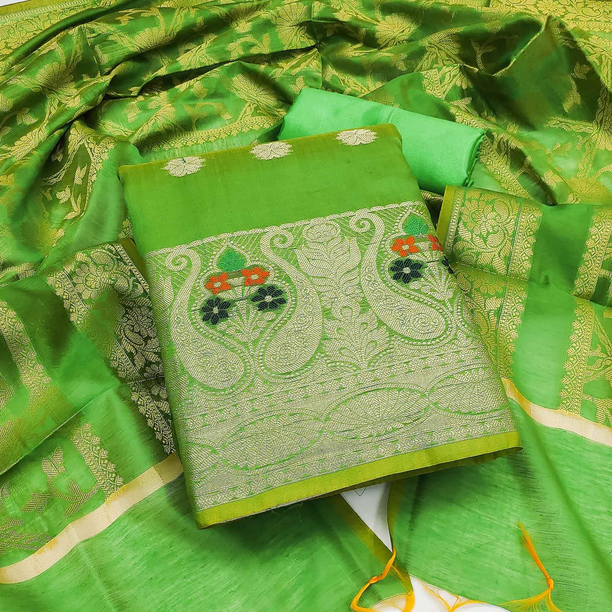 Green Woven Banarasi Dress Material - Peachmode