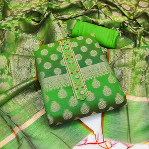Green Woven Banarasi Dress Material - Peachmode