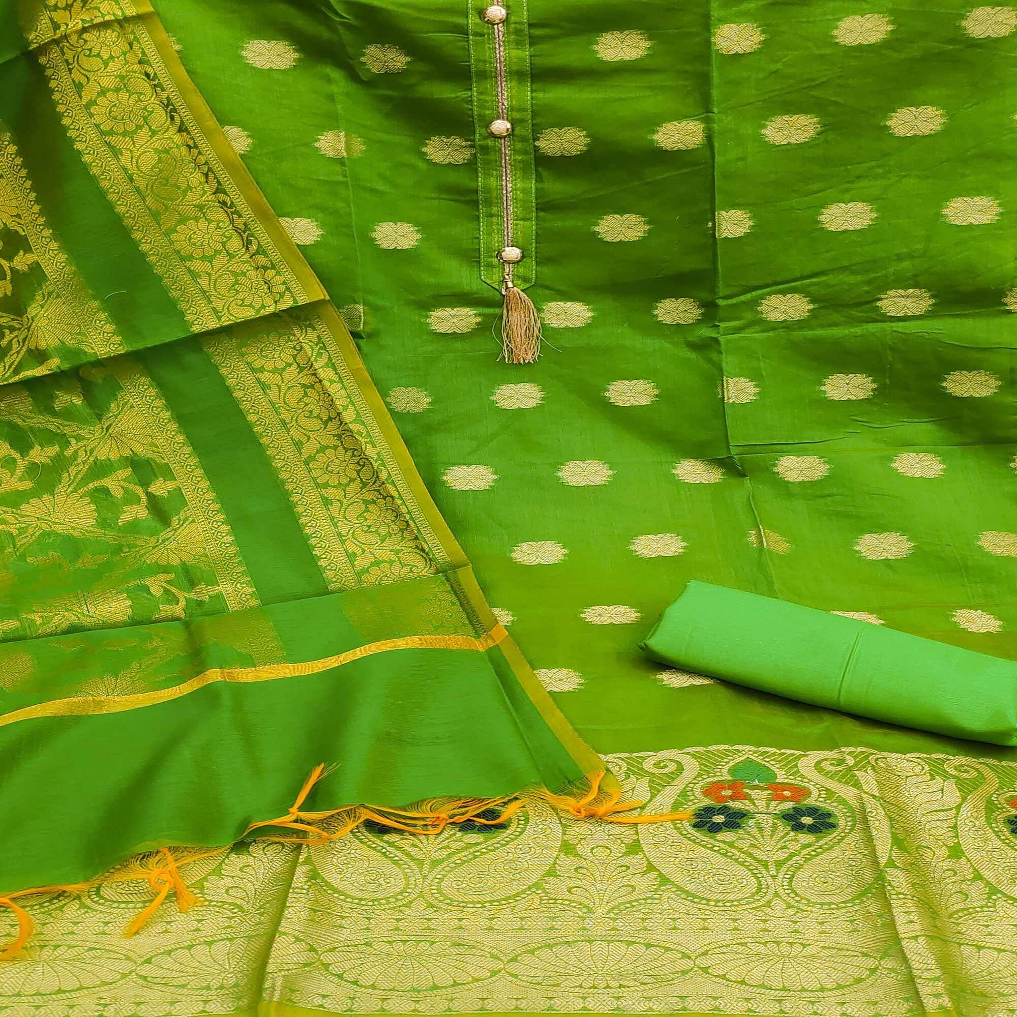 Green Woven Banarasi Dress Material - Peachmode