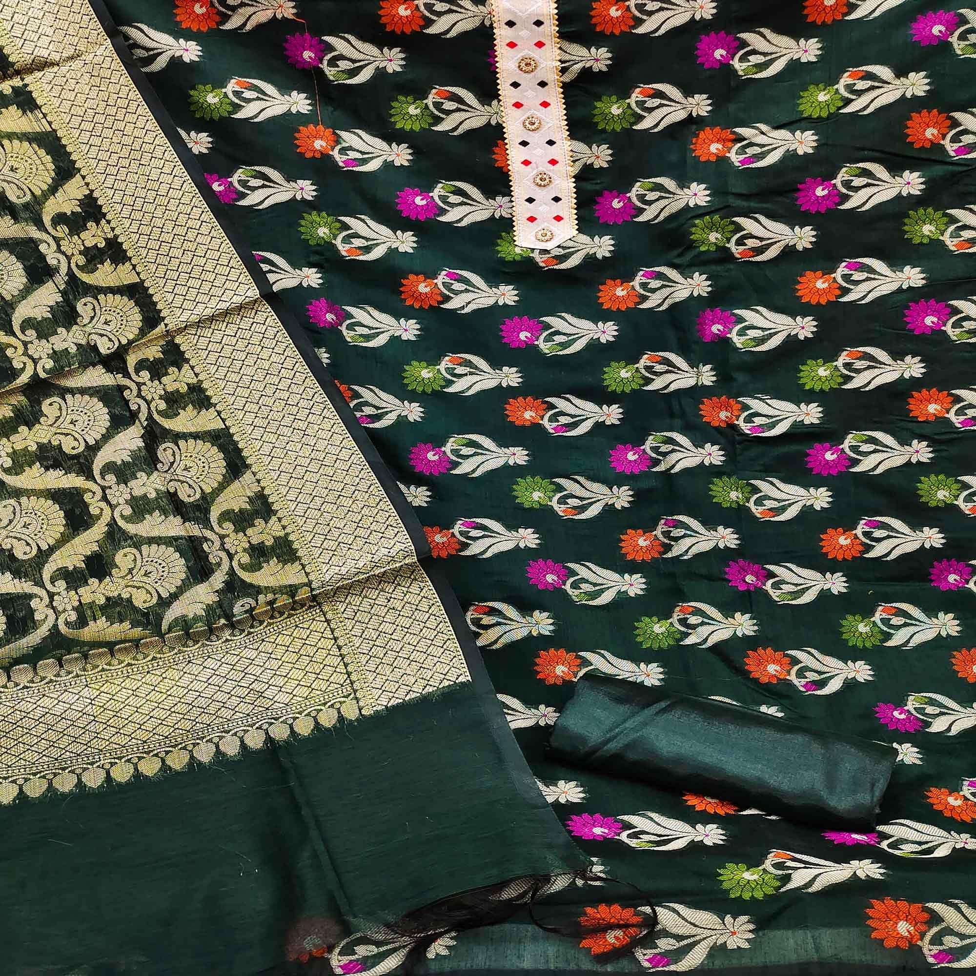 Green Woven Banarasi Dress Material - Peachmode