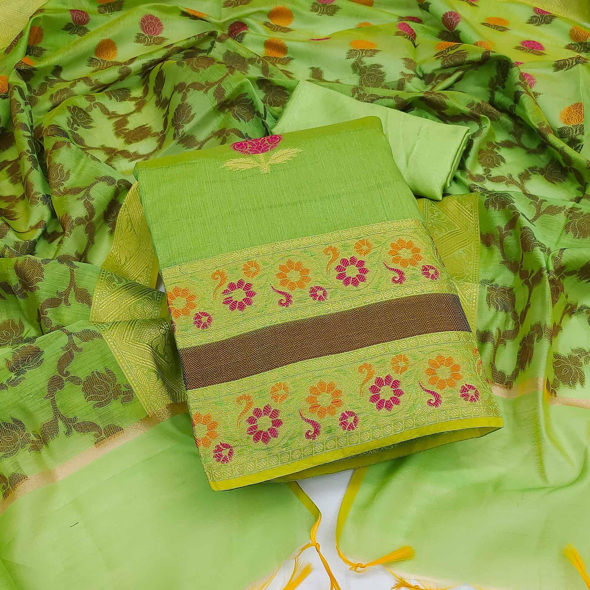 Green Woven Banarasi Jacqaurd Dress Material - Peachmode