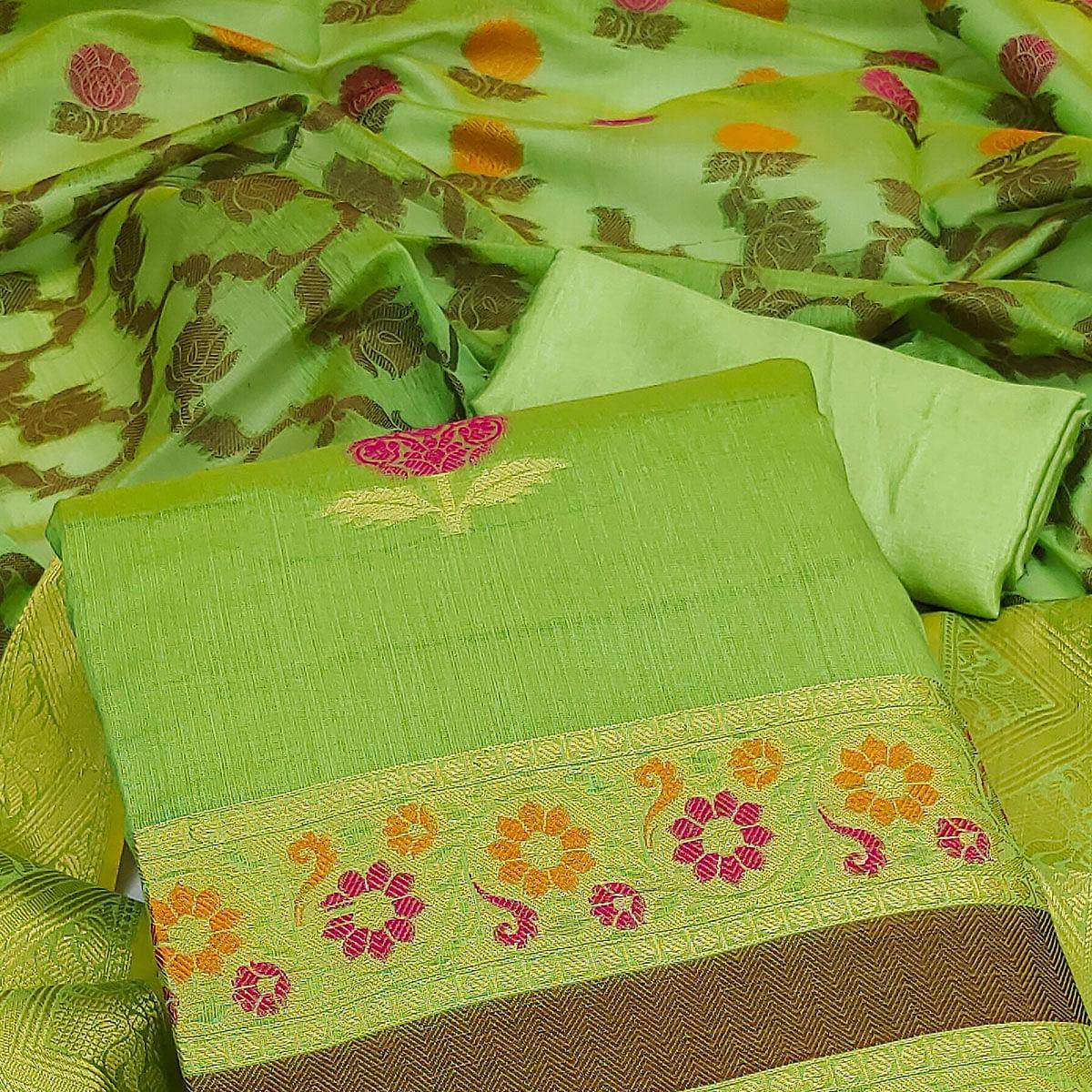 Green Woven Banarasi Jacqaurd Dress Material - Peachmode
