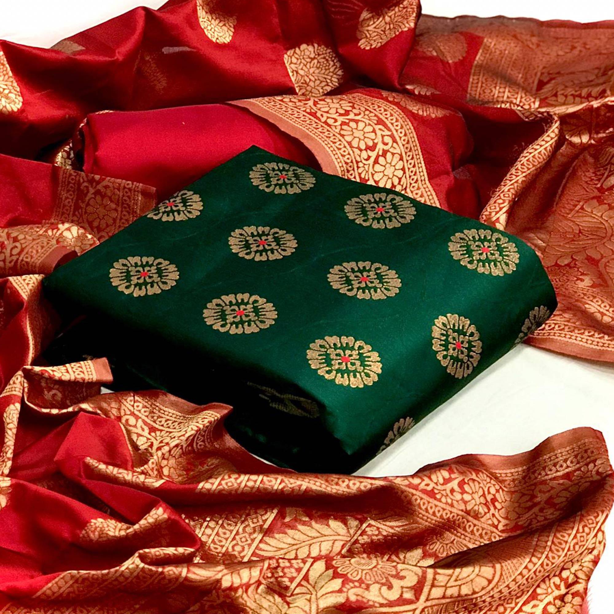 Green Woven Banarasi Silk Dress Material - Peachmode