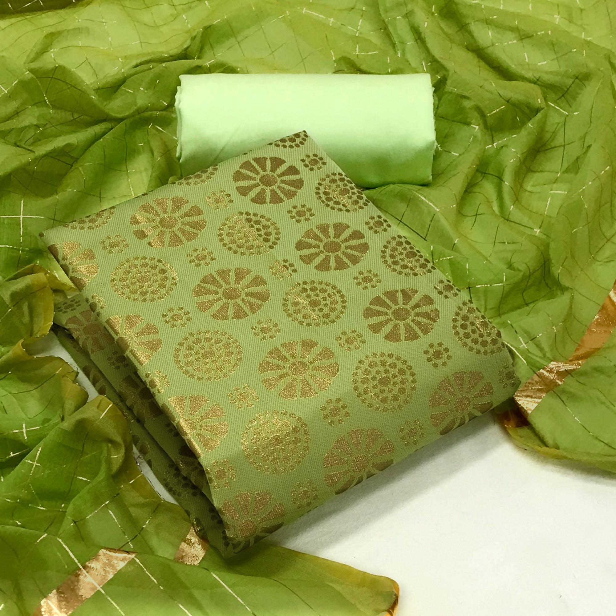 Green Woven Banarasi Silk Dress Material - Peachmode