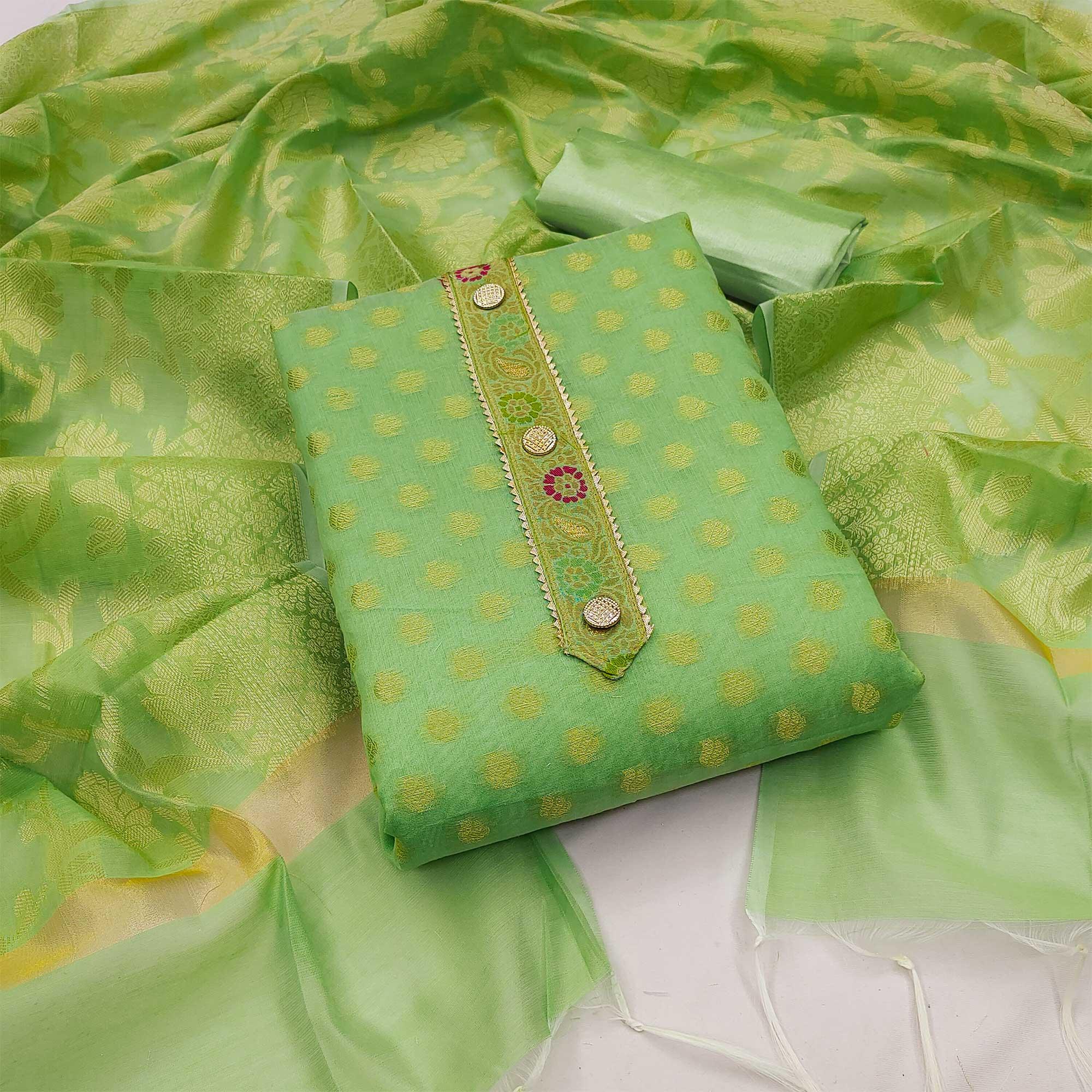 Green Woven Banarasi Silk Dress Material - Peachmode