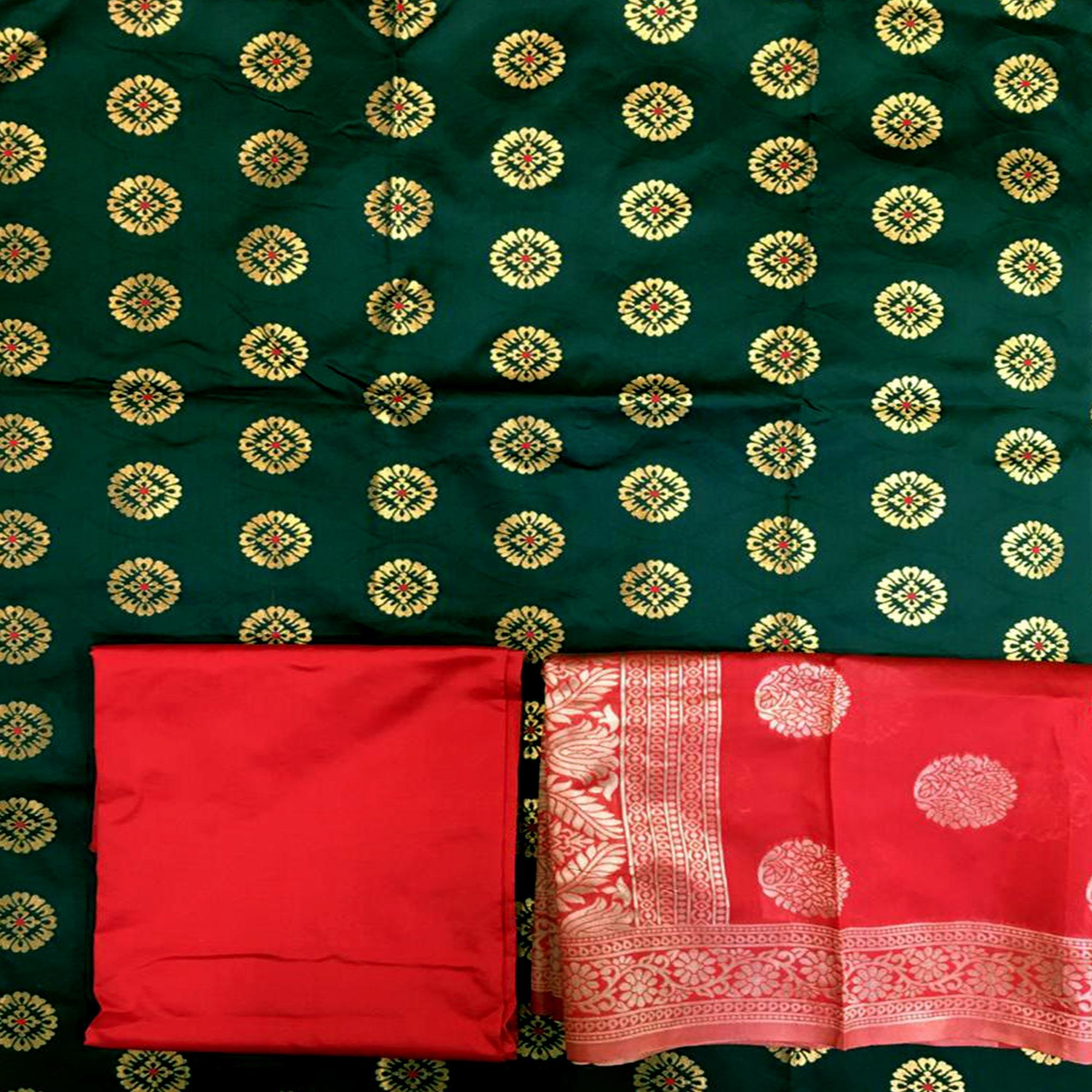 Green Woven Banarasi Silk Dress Material - Peachmode