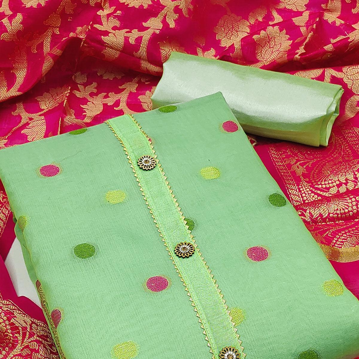 Green Woven Banarasi Silk Dress Material - Peachmode