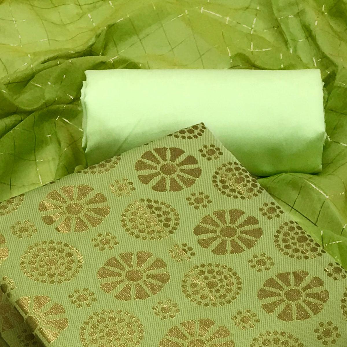 Green Woven Banarasi Silk Dress Material - Peachmode