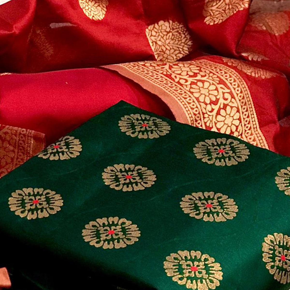 Green Woven Banarasi Silk Dress Material - Peachmode