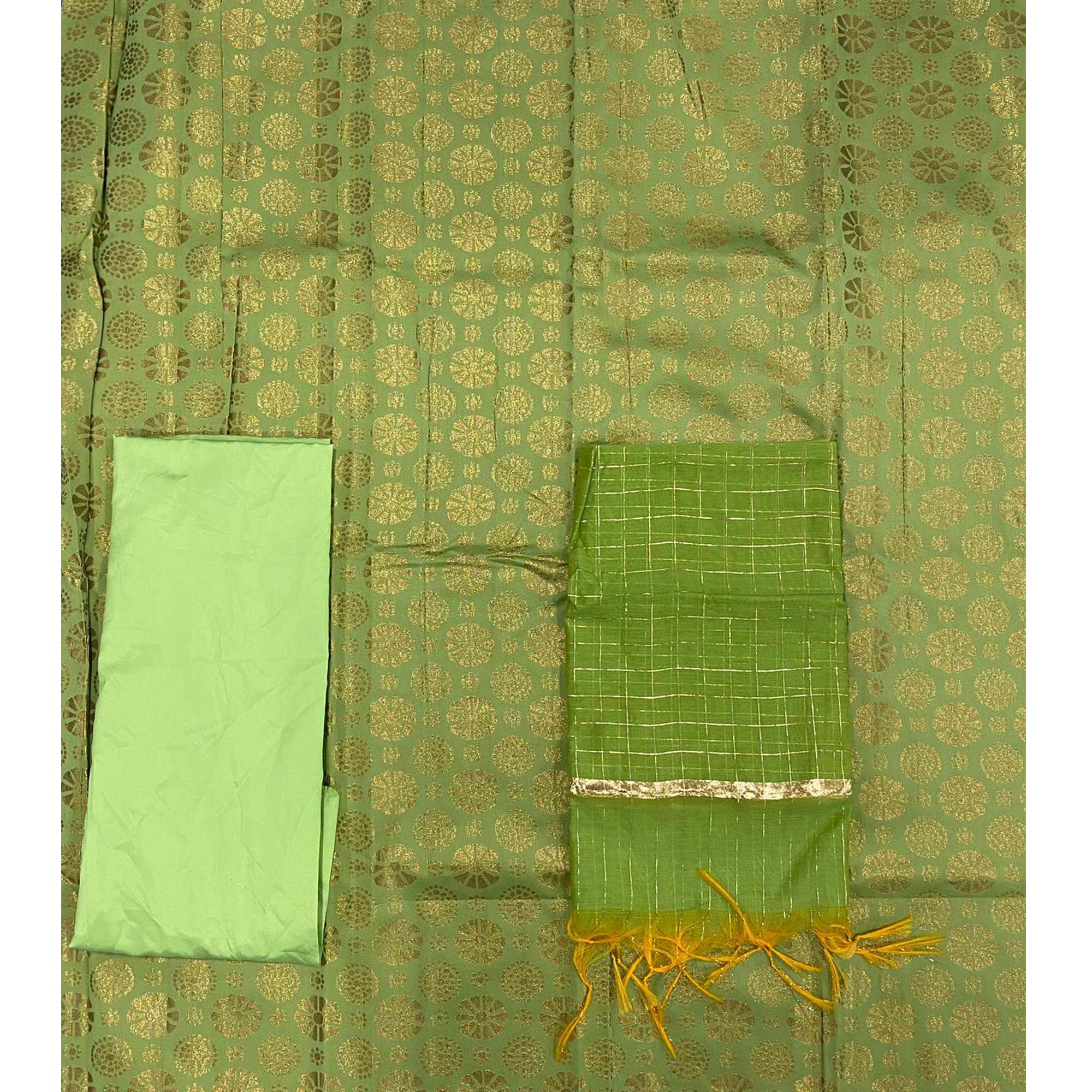 Green Woven Banarasi Silk Dress Material - Peachmode