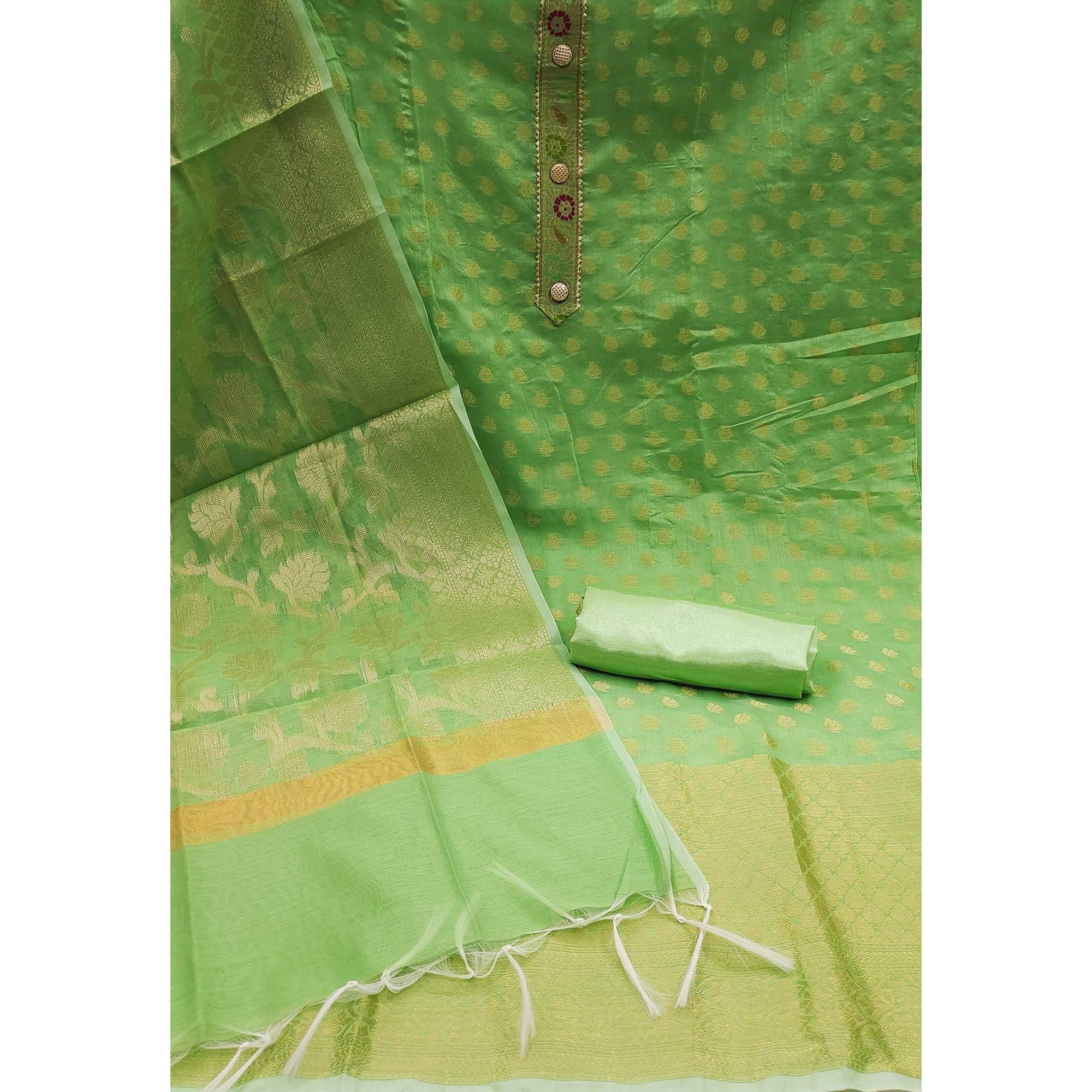 Green Woven Banarasi Silk Dress Material - Peachmode