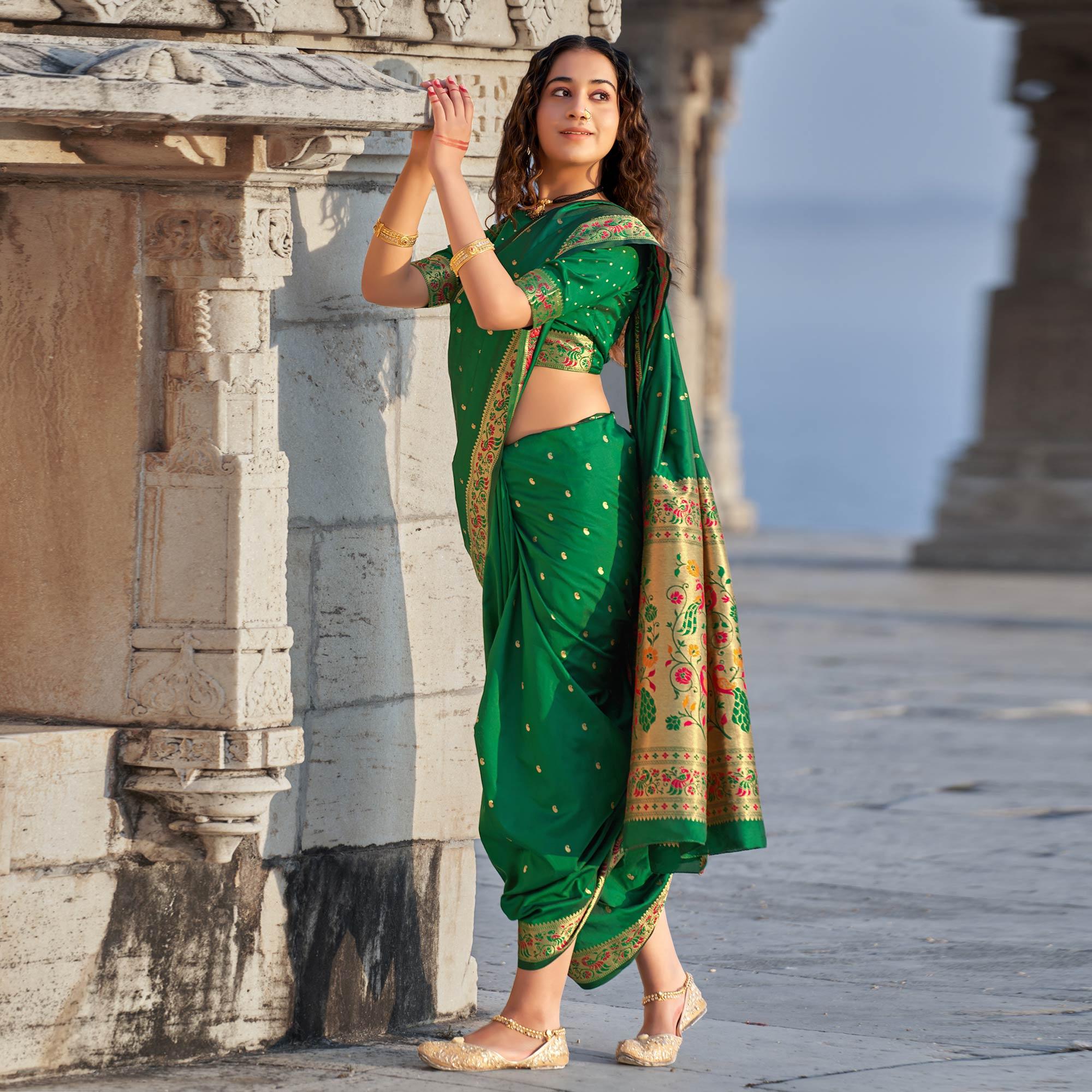 Green Woven Banarasi Silk Paithani Saree - Peachmode