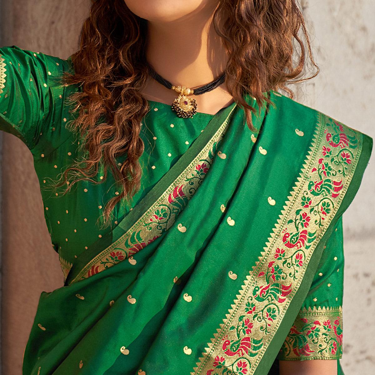 Green Woven Banarasi Silk Paithani Saree - Peachmode