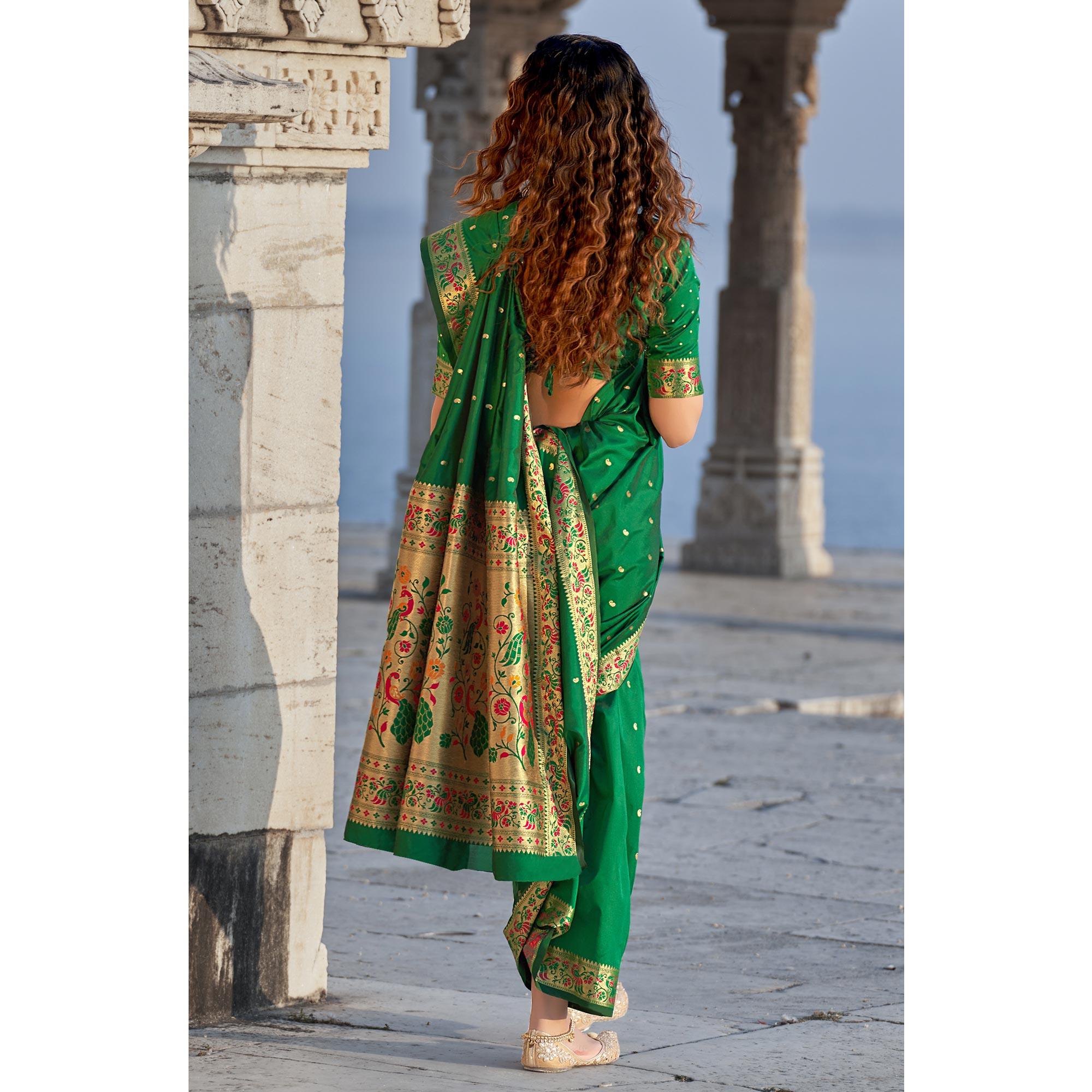 Green Woven Banarasi Silk Paithani Saree - Peachmode