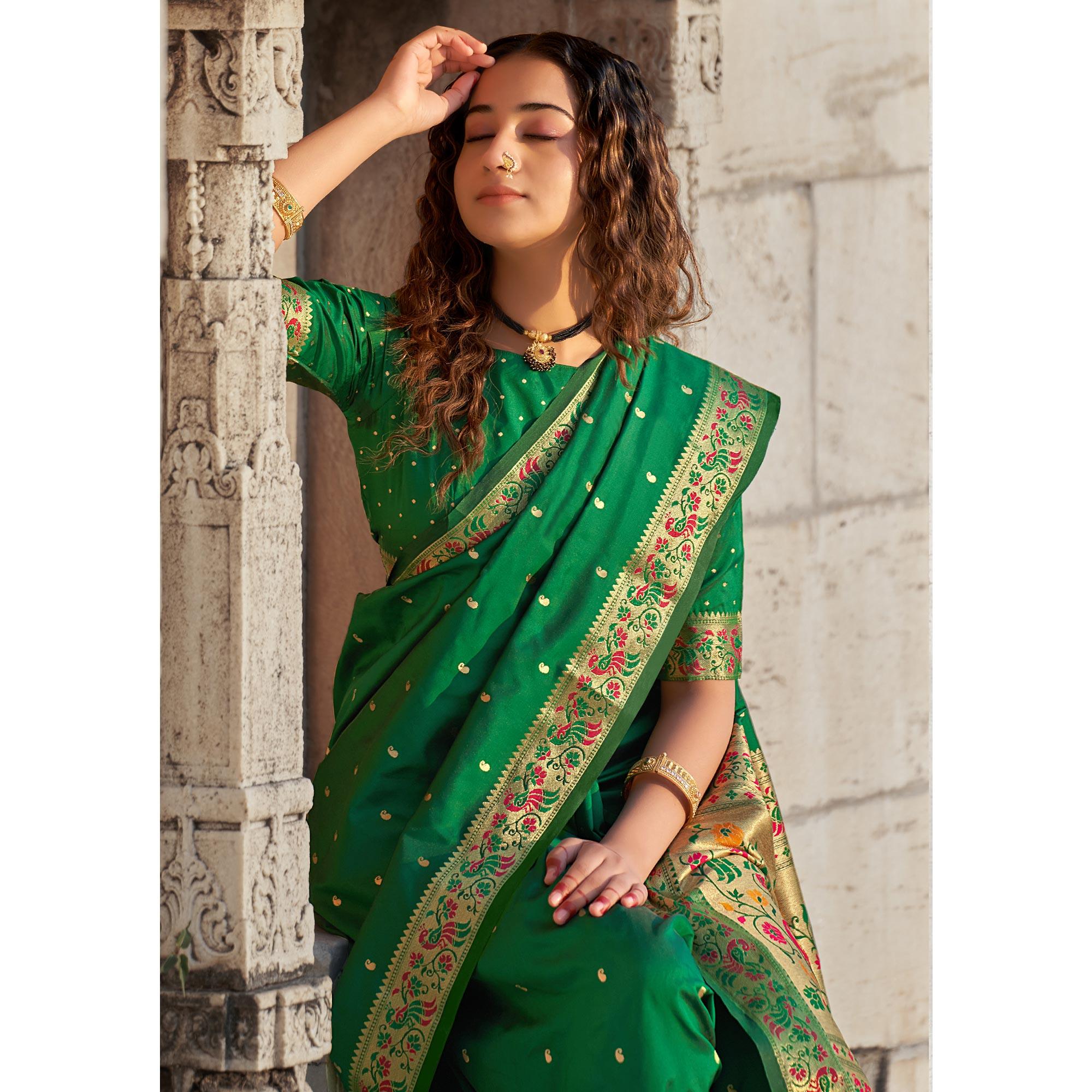 Green Woven Banarasi Silk Paithani Saree - Peachmode
