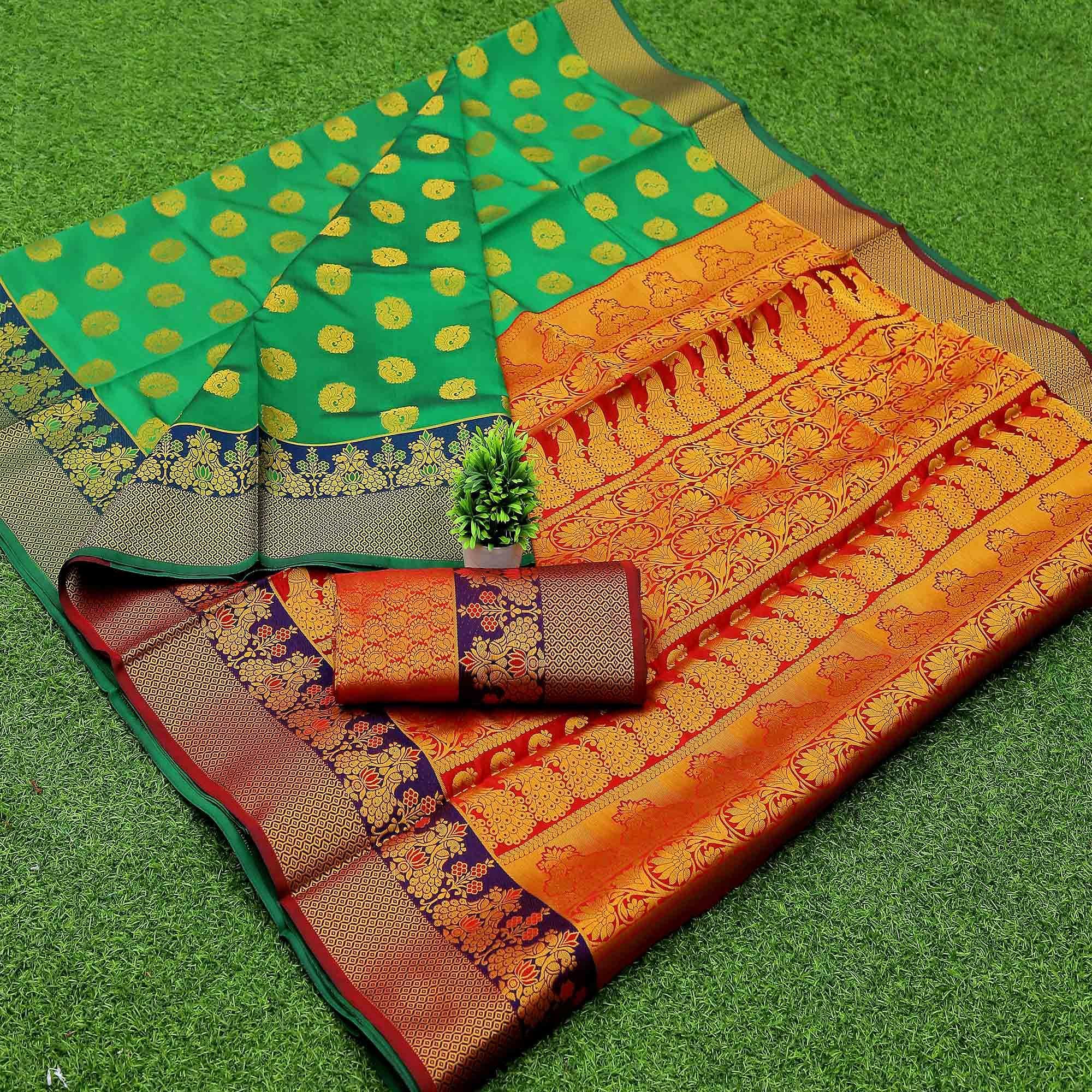 Green Woven Banarasi Silk Saree - Peachmode