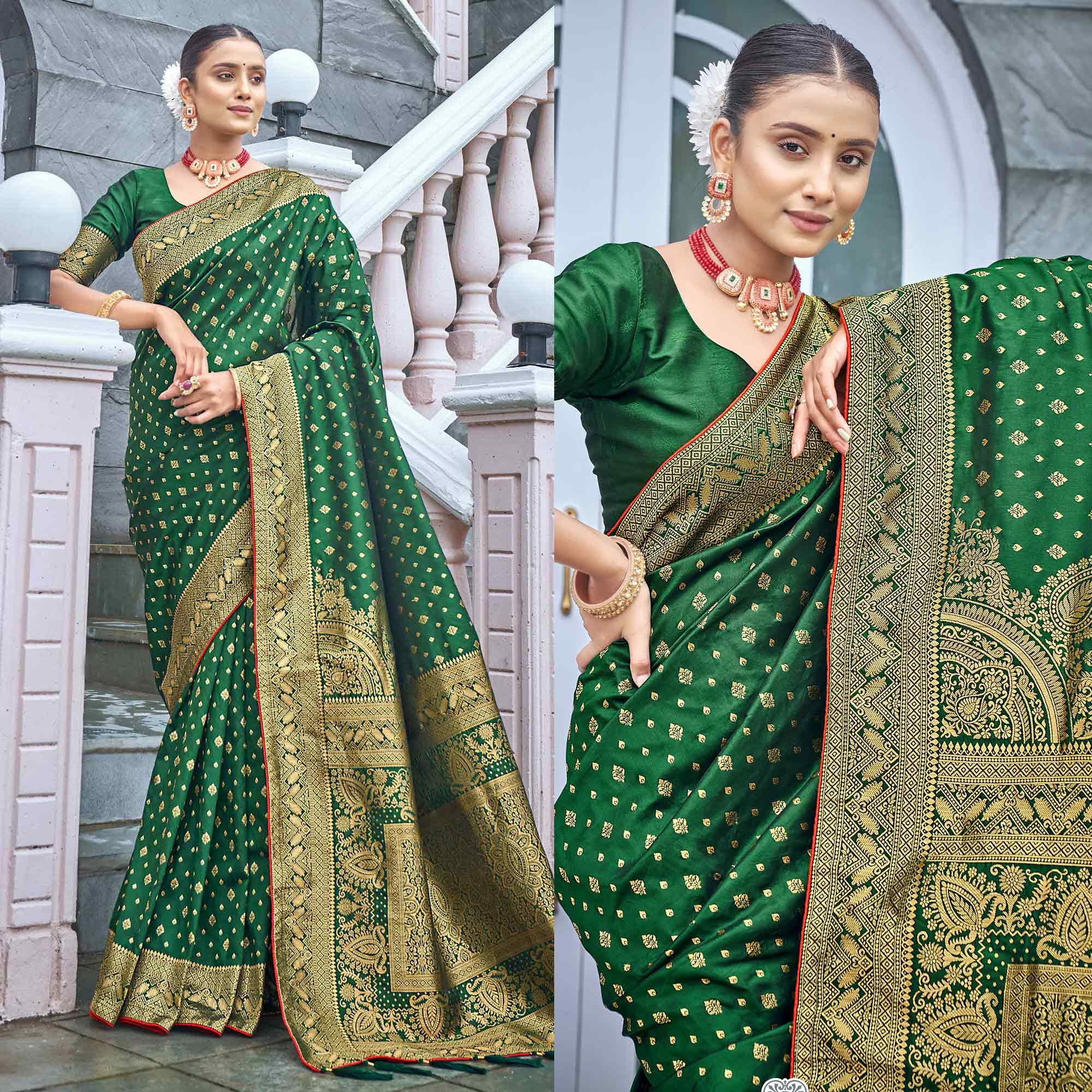 Green Woven Banarasi Silk Saree - Peachmode