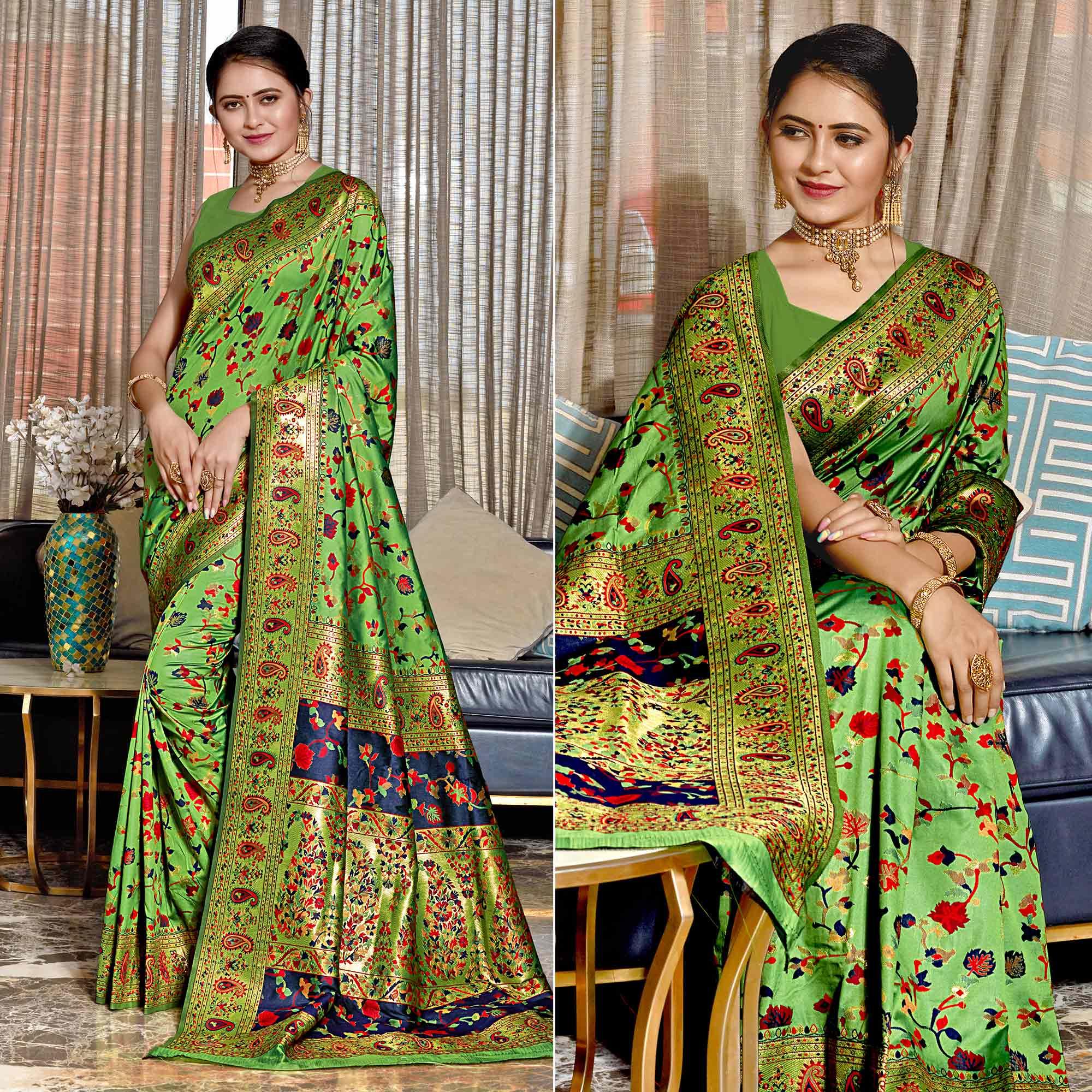 Green Woven Banarasi Silk Saree - Peachmode