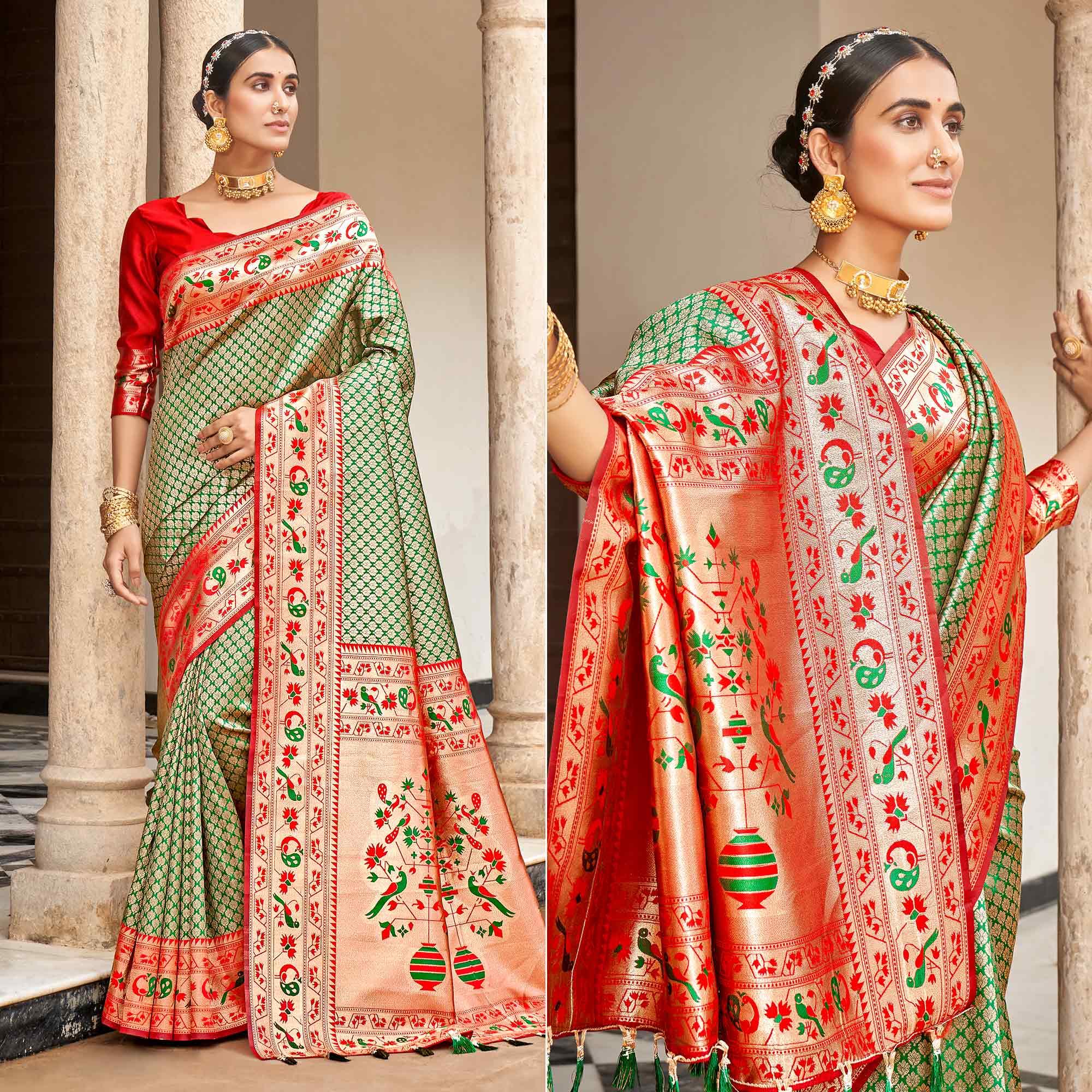 Green Woven Banarasi Silk Saree - Peachmode