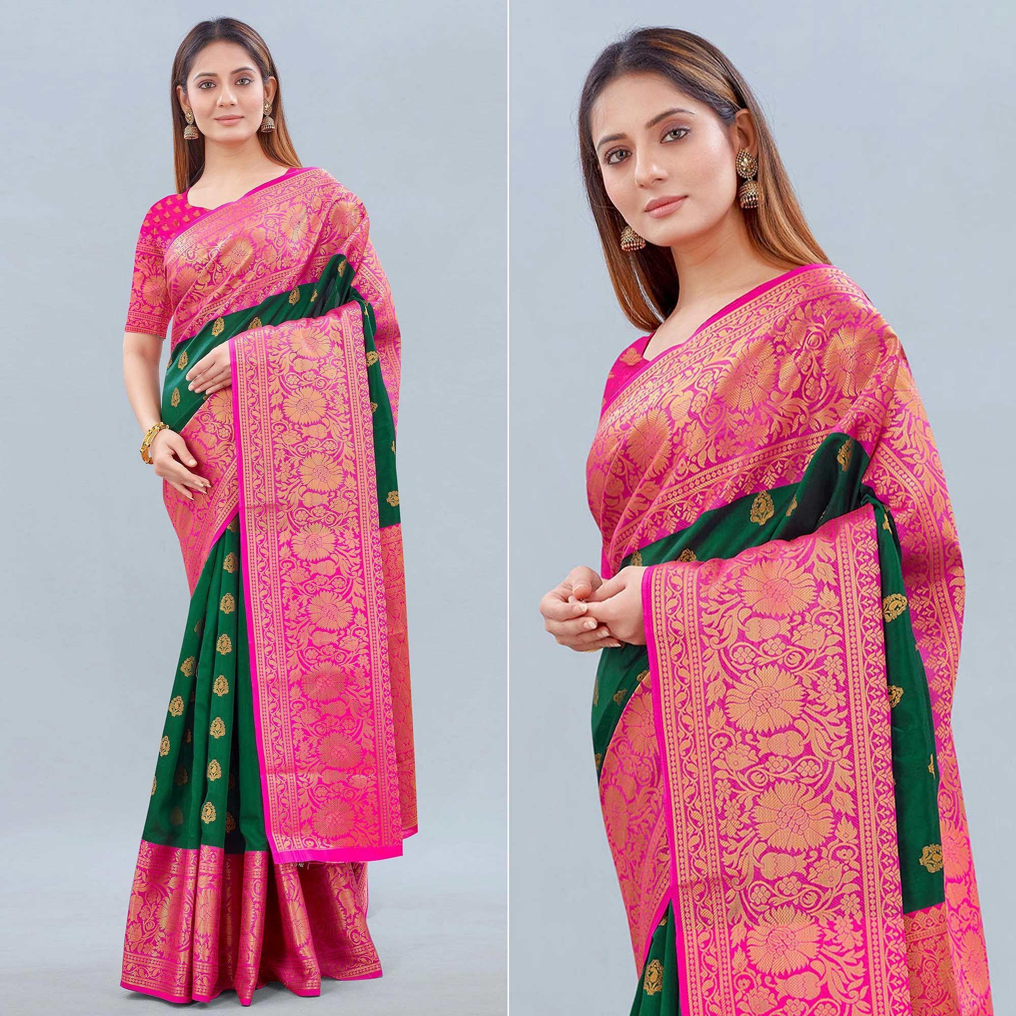 Green Woven Banarasi Silk Saree - Peachmode