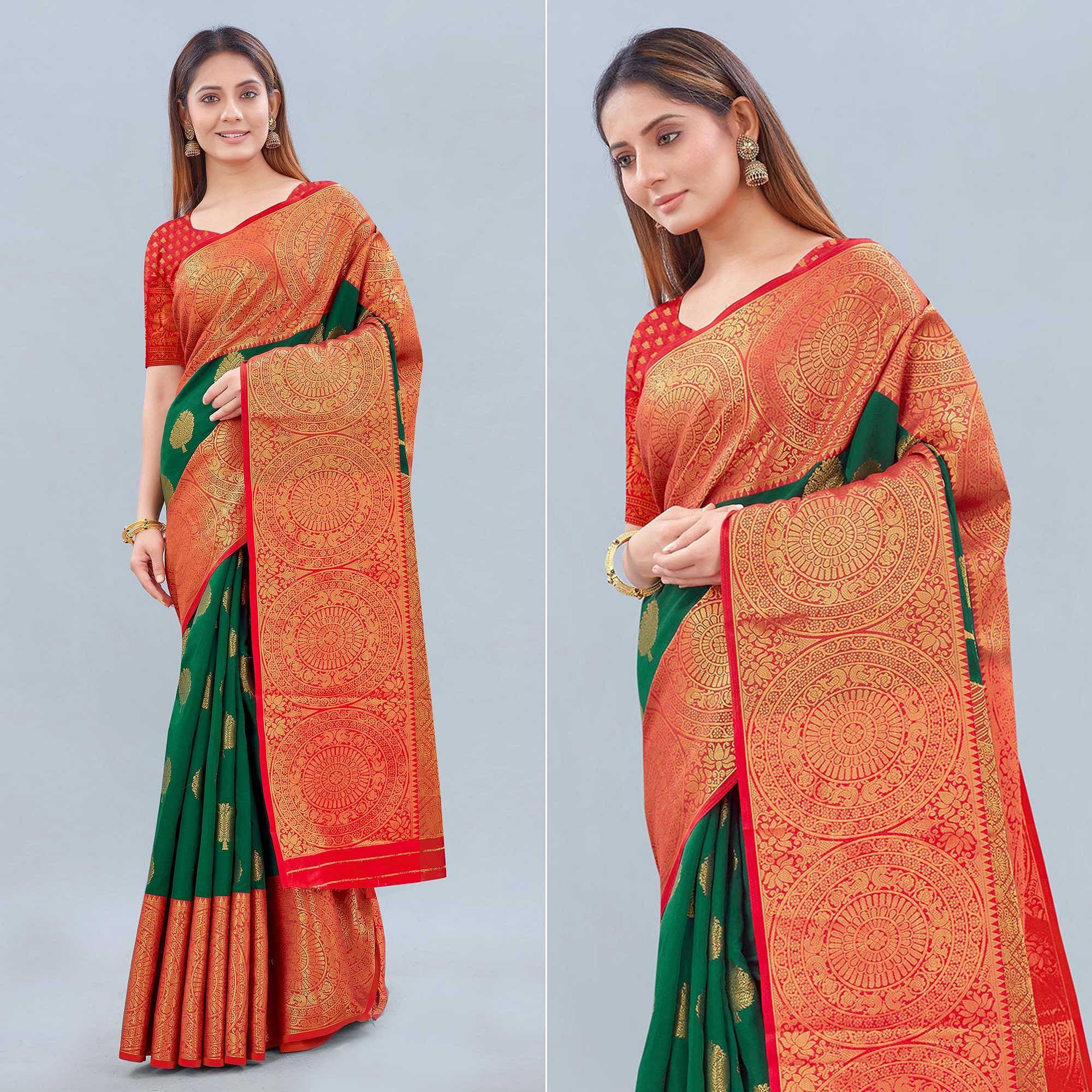 Green Woven Banarasi Silk Saree - Peachmode