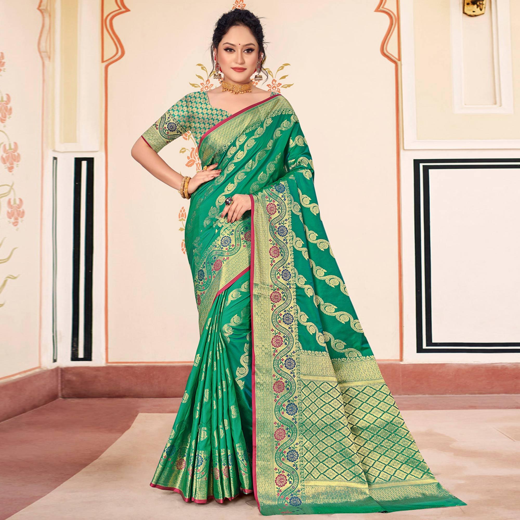 Green Woven Banarasi Silk Saree - Peachmode