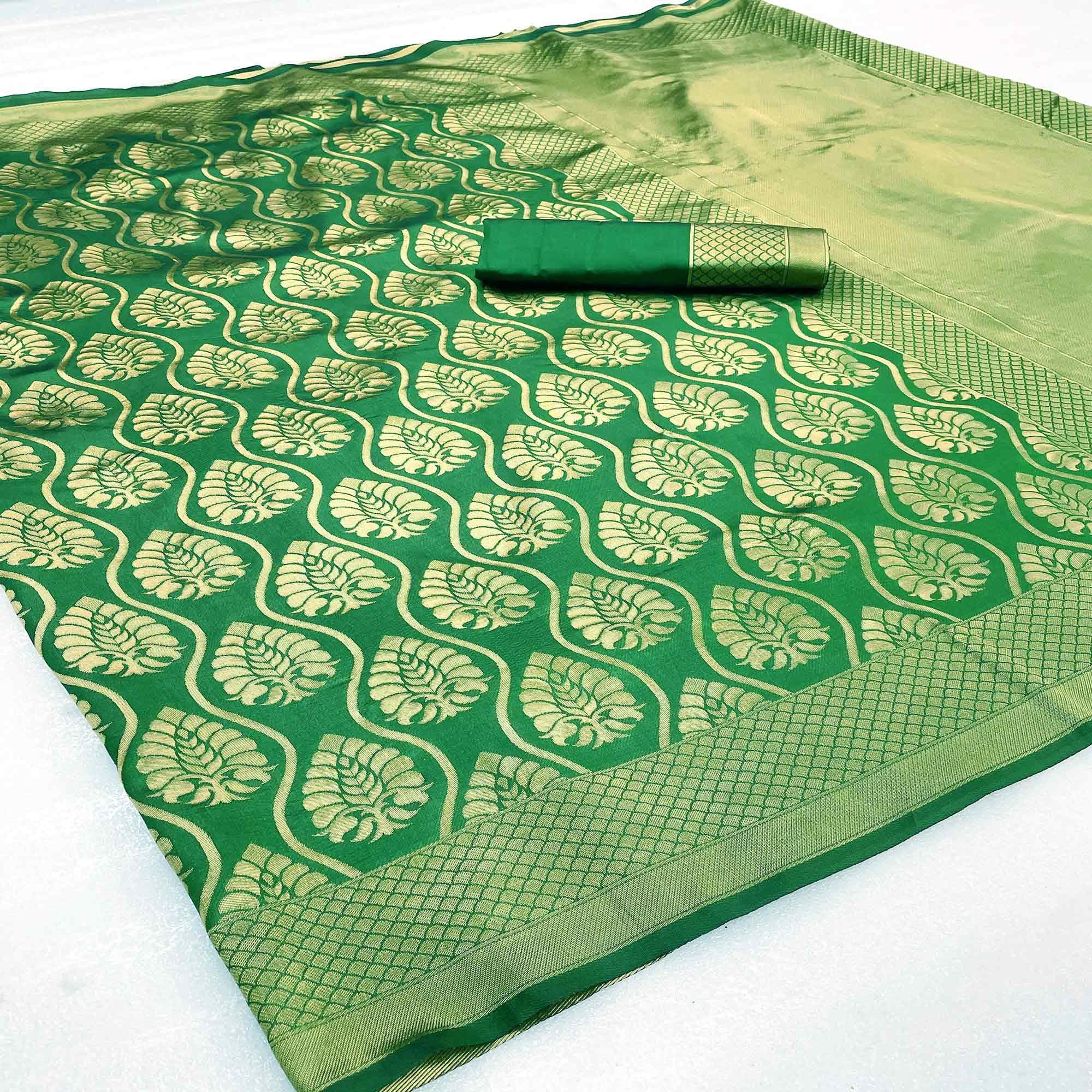 Green Woven Banarasi Silk Saree - Peachmode