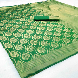 Green Woven Banarasi Silk Saree - Peachmode