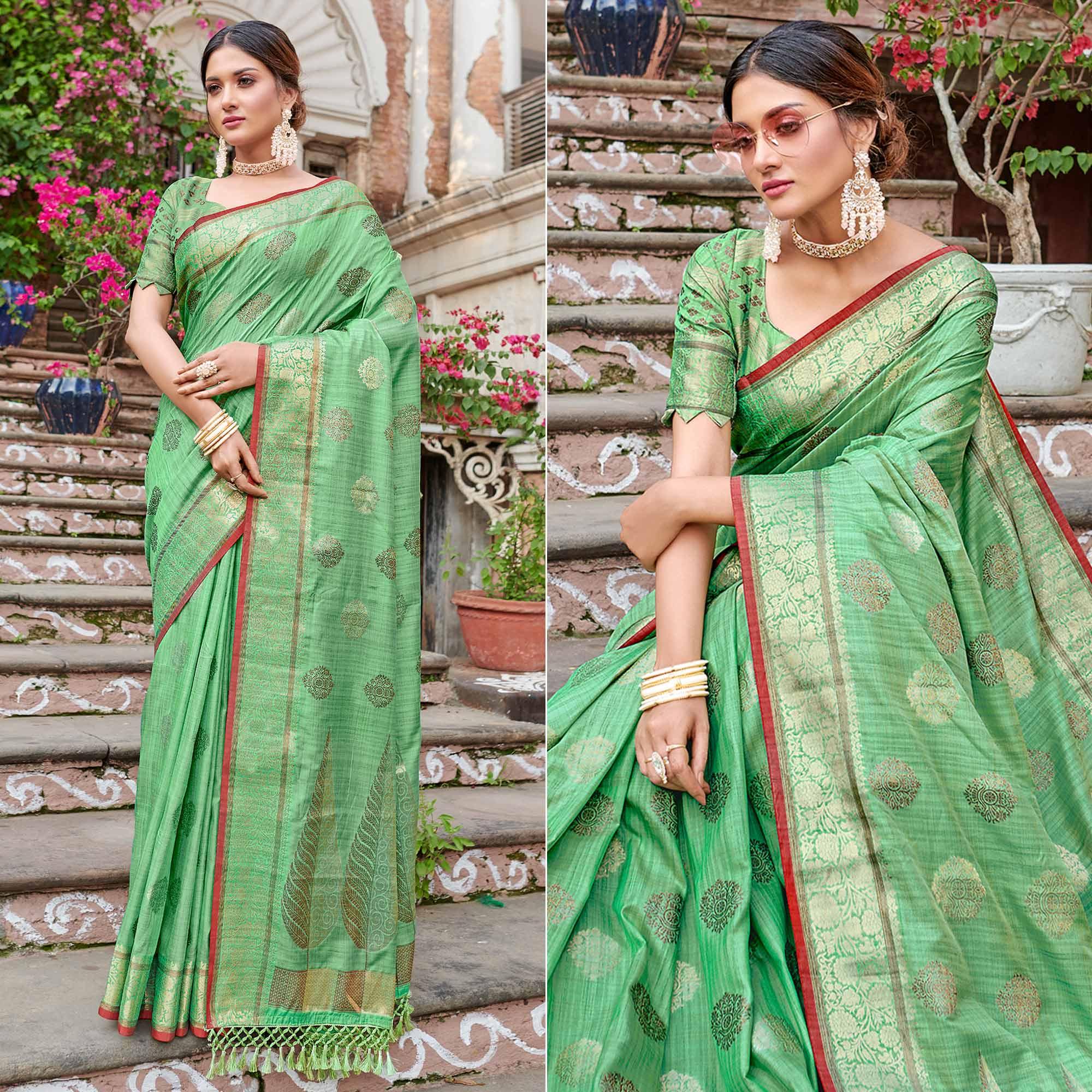 Green Woven Banarasi Silk Saree - Peachmode