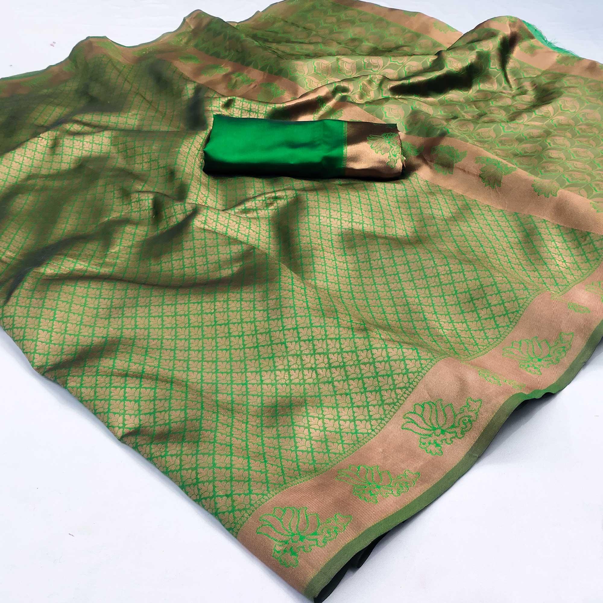 Green Woven Banarasi Silk Saree - Peachmode