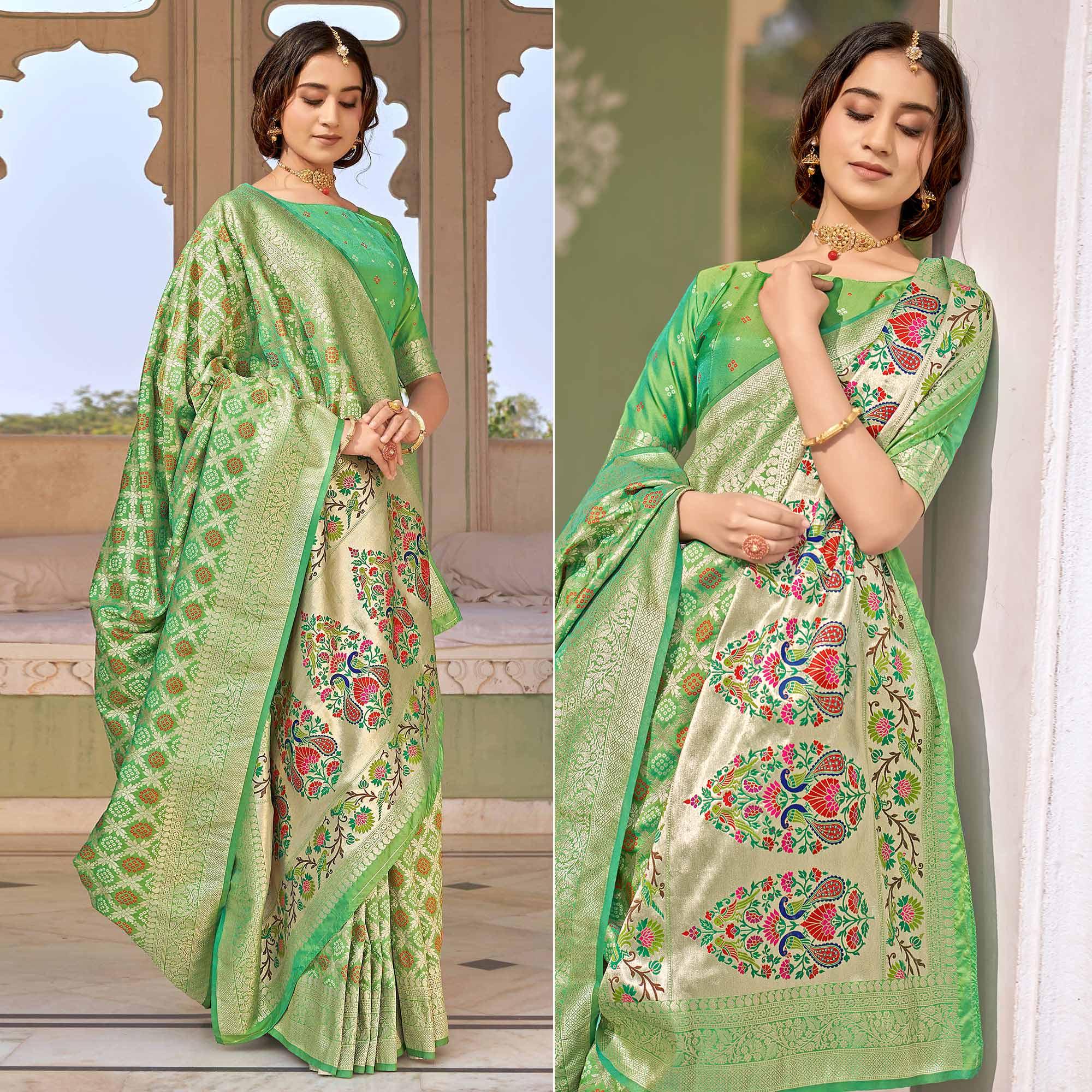 Green Woven Banarasi Silk Saree - Peachmode