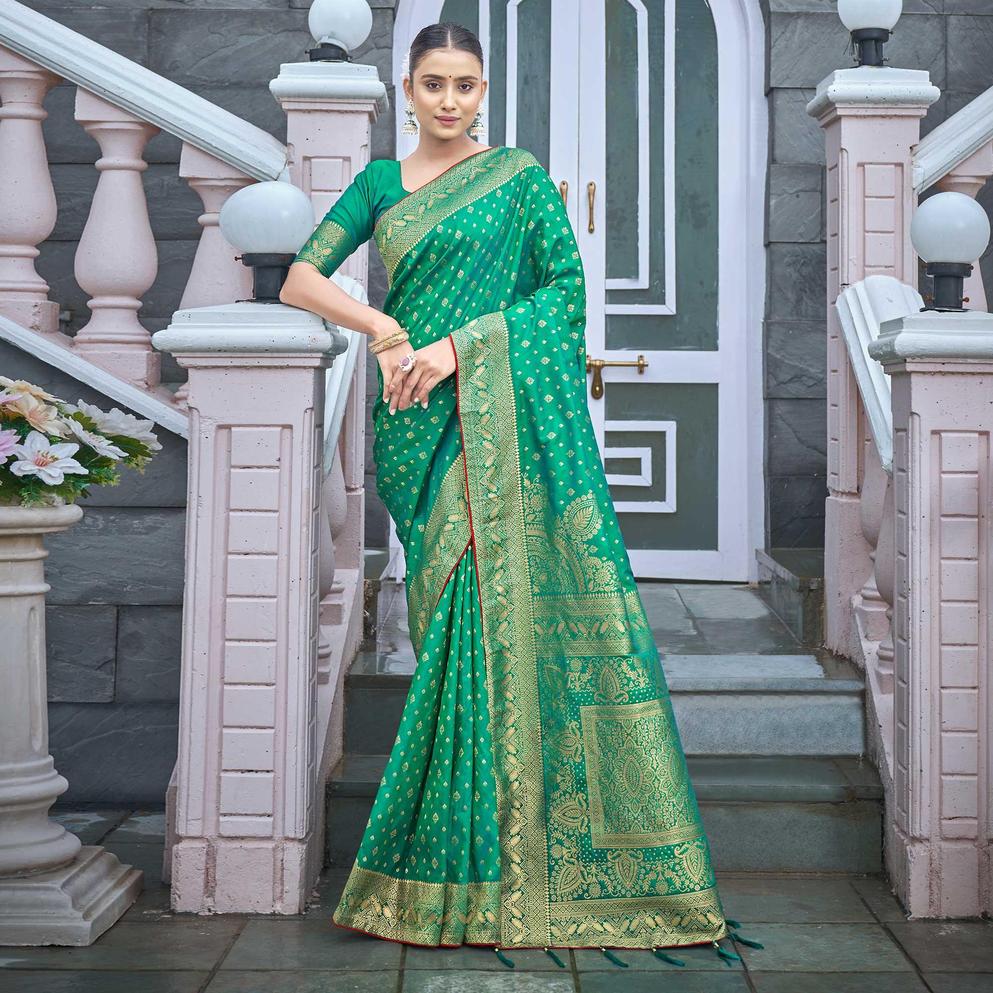 Green Woven Banarasi Silk Saree - Peachmode