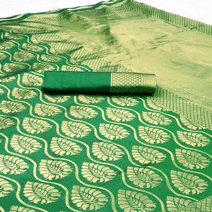 Green Woven Banarasi Silk Saree - Peachmode