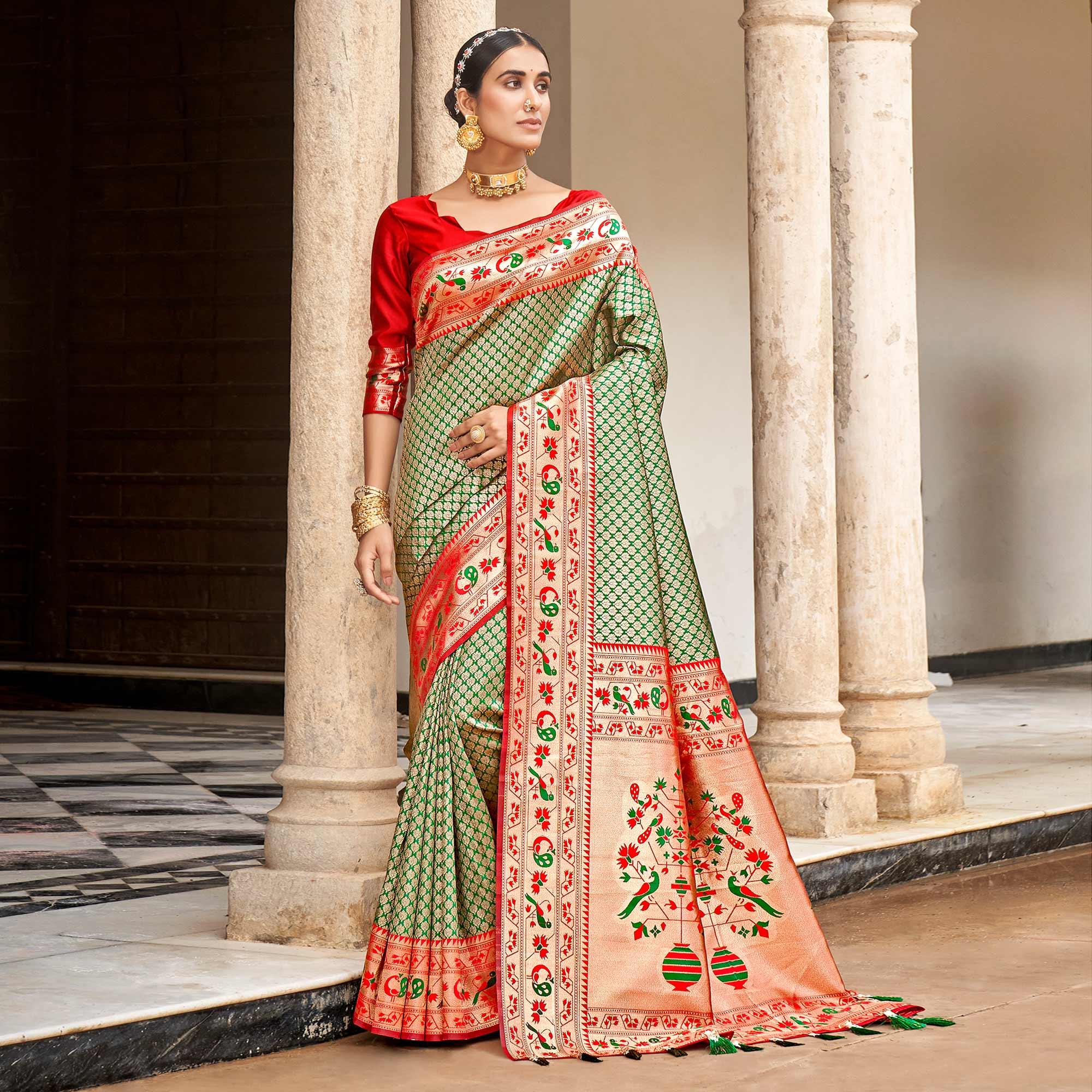 Green Woven Banarasi Silk Saree - Peachmode