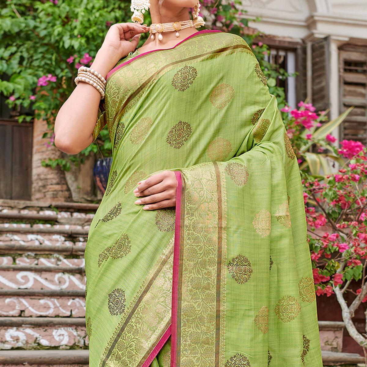 Green Woven Banarasi Silk Saree - Peachmode