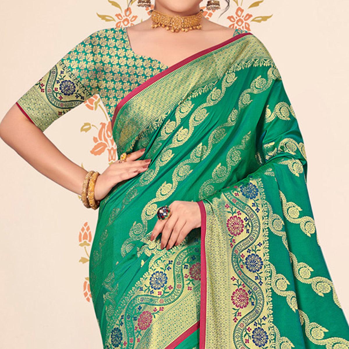 Green Woven Banarasi Silk Saree - Peachmode