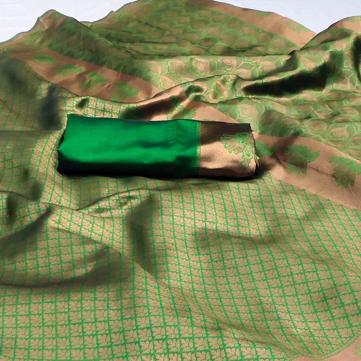 Green Woven Banarasi Silk Saree - Peachmode