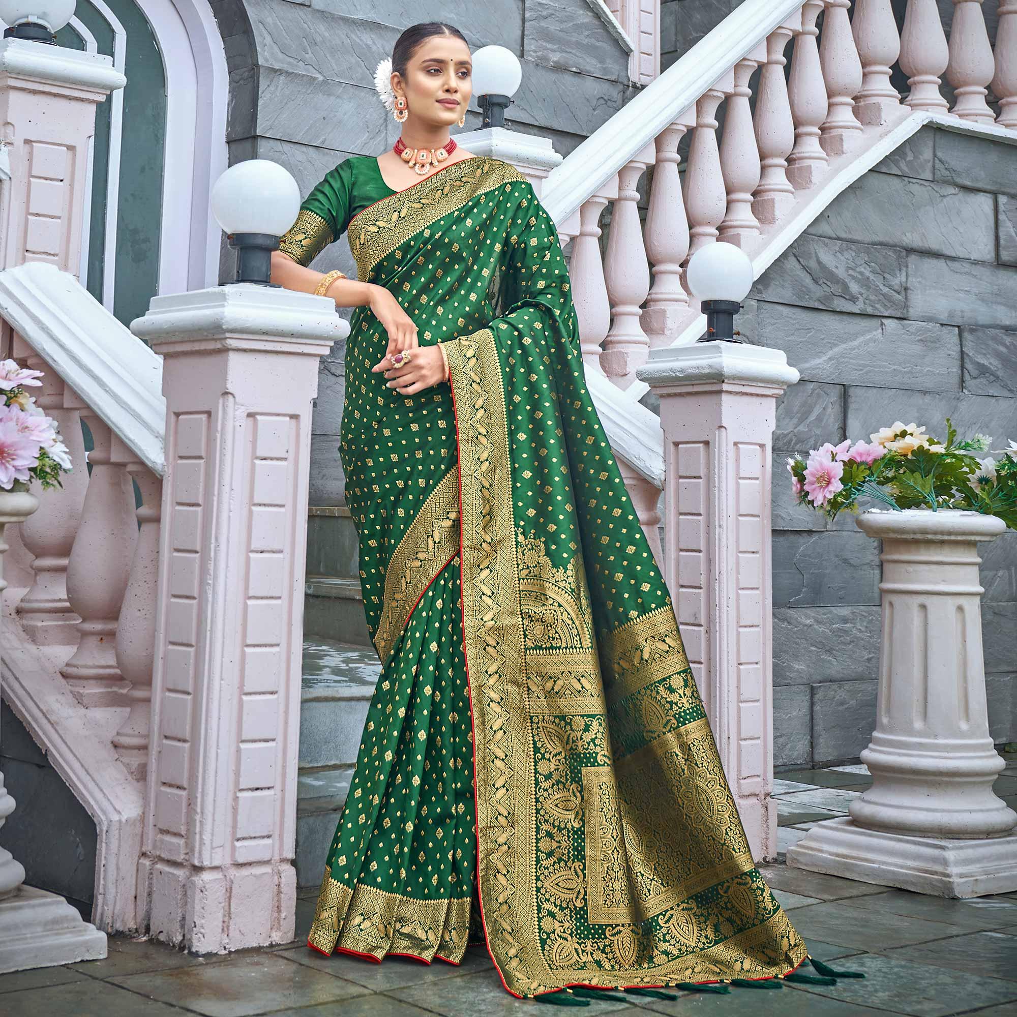 Green Woven Banarasi Silk Saree - Peachmode