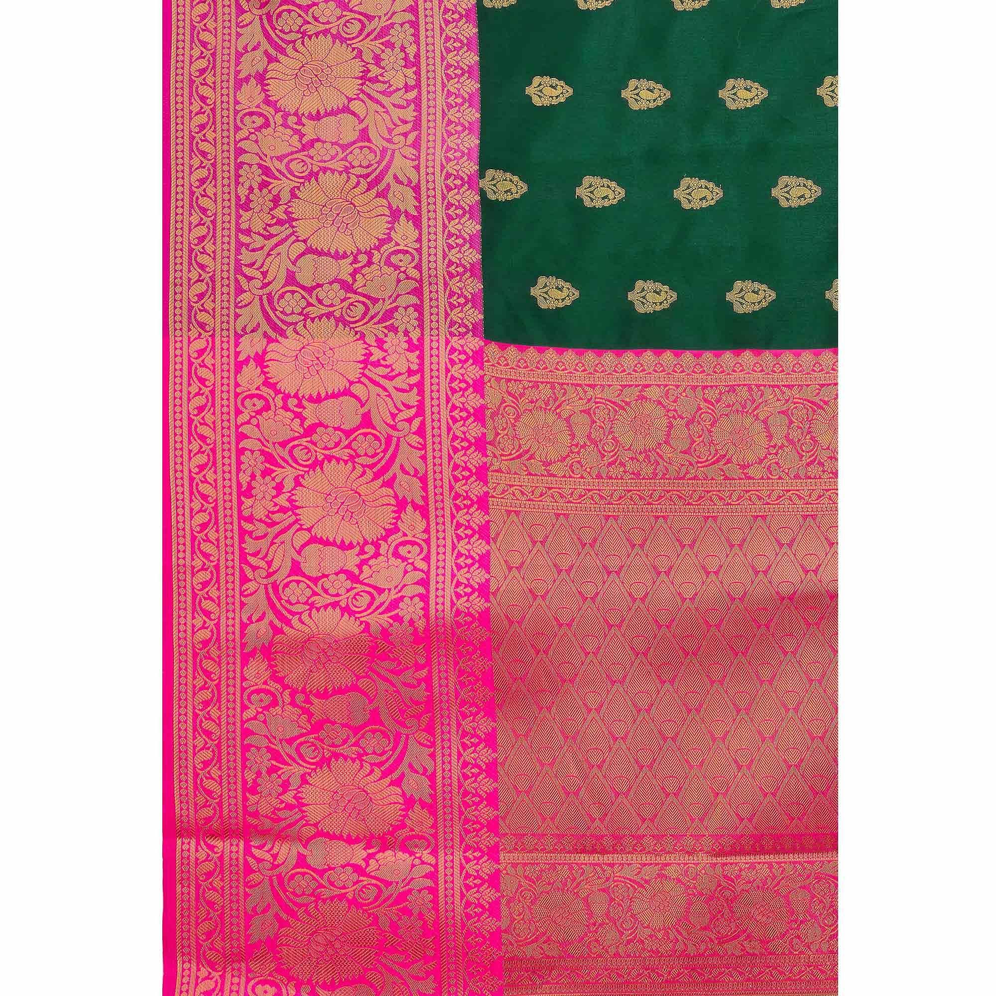 Green Woven Banarasi Silk Saree - Peachmode