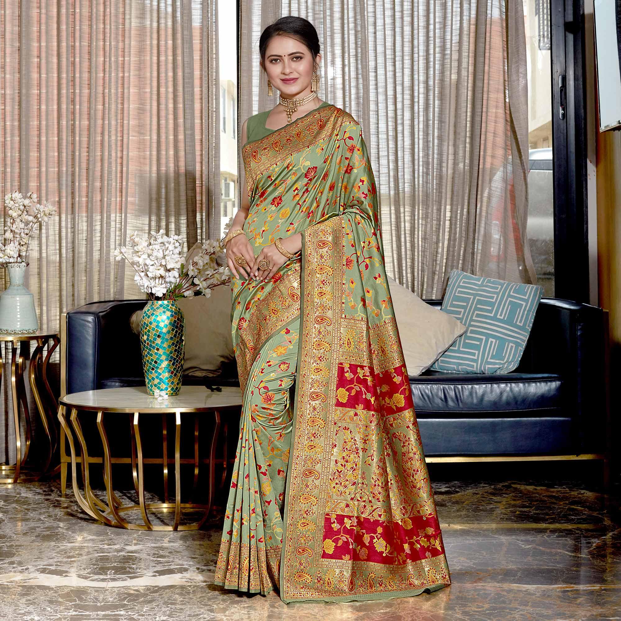 Green Woven Banarasi Silk Saree - Peachmode