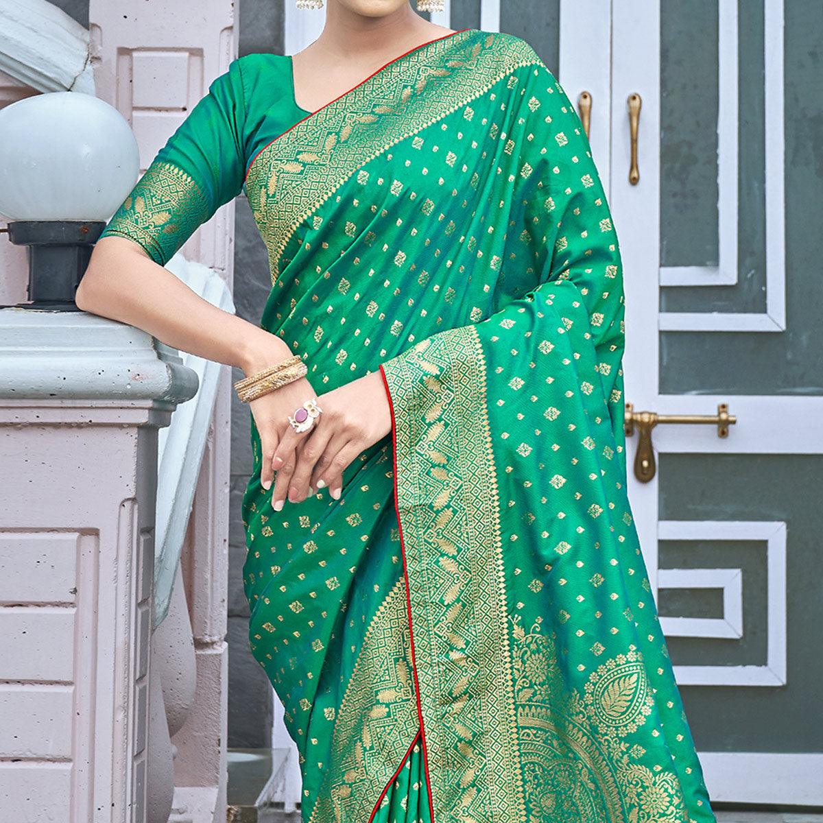 Green Woven Banarasi Silk Saree - Peachmode