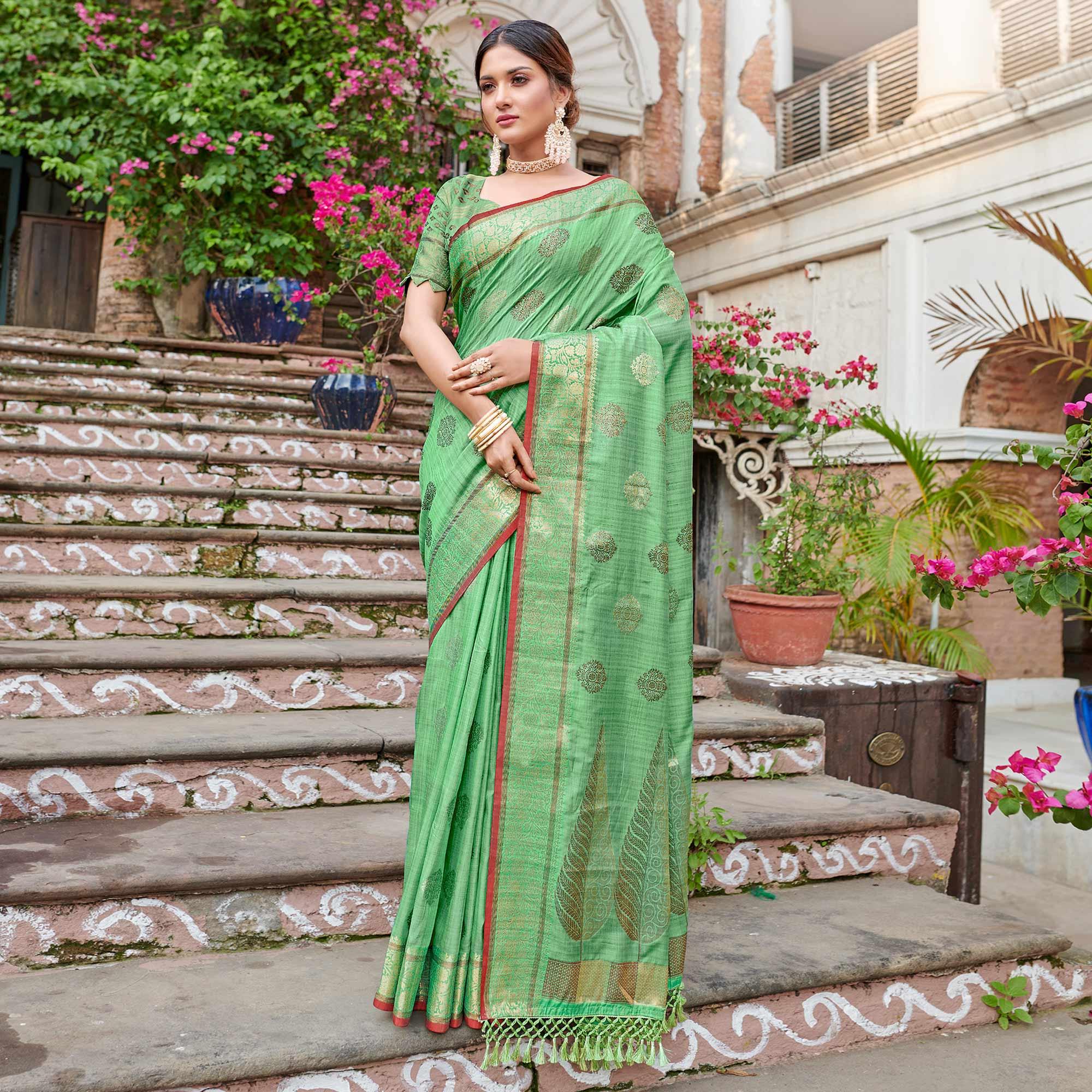 Green Woven Banarasi Silk Saree - Peachmode