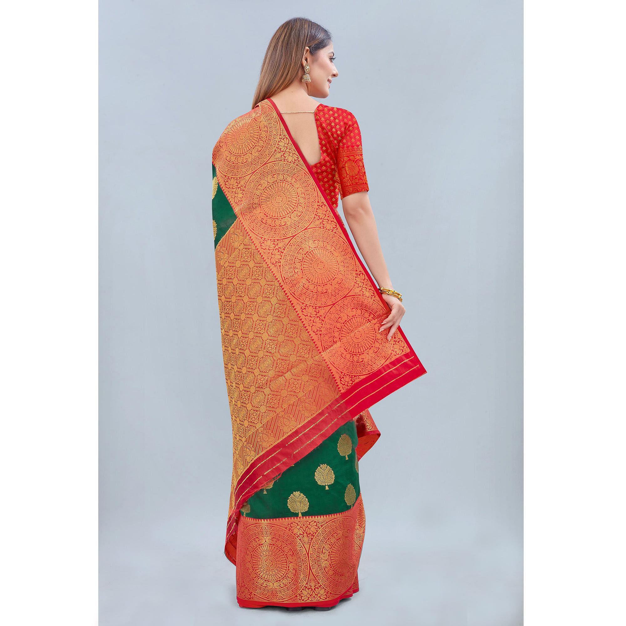 Green Woven Banarasi Silk Saree - Peachmode