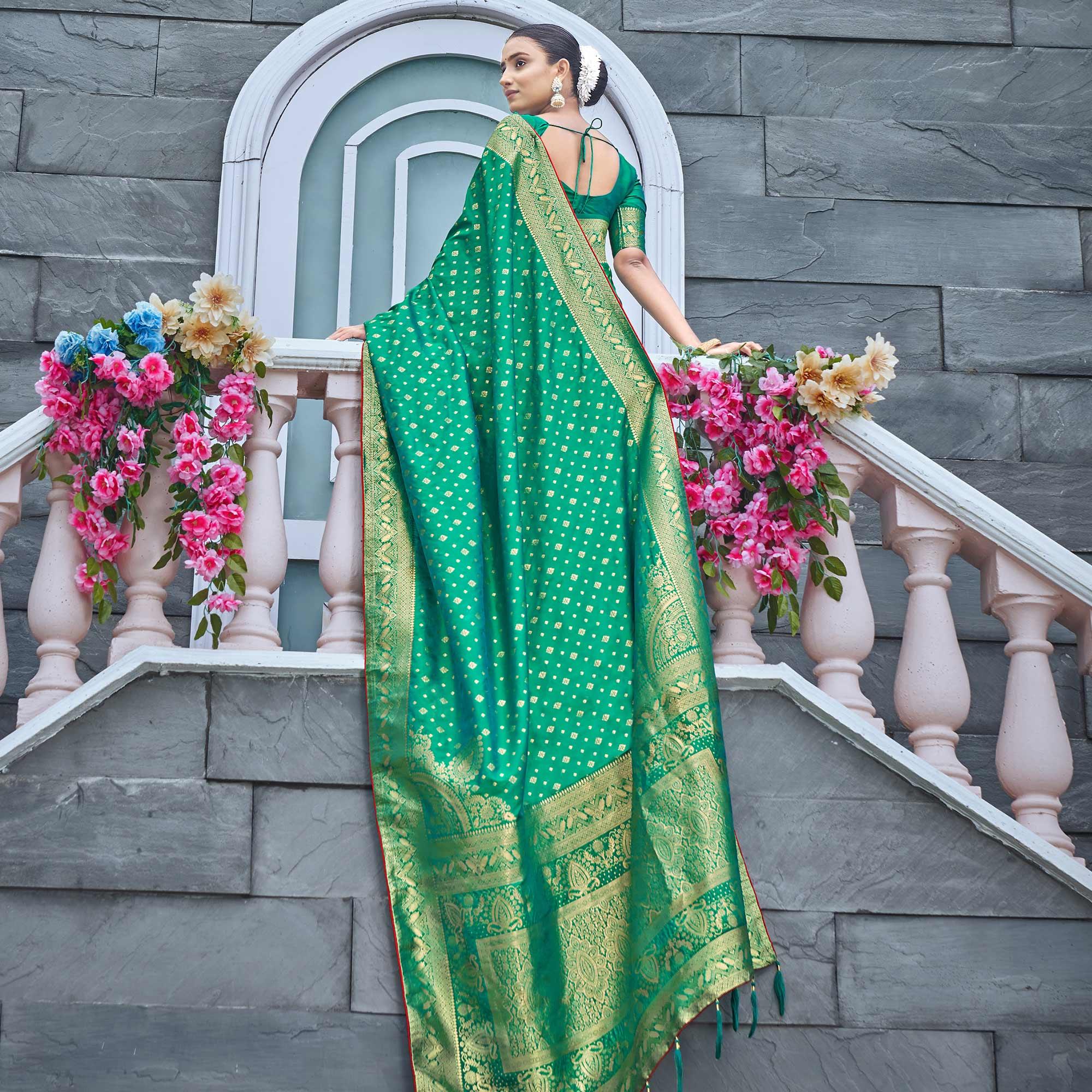 Green Woven Banarasi Silk Saree - Peachmode