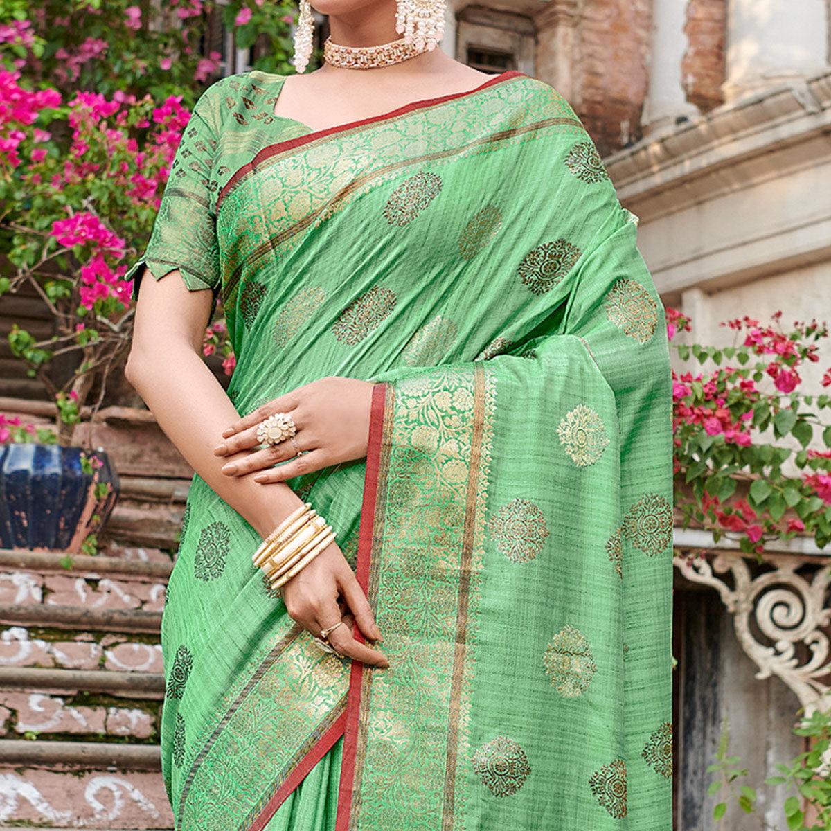 Green Woven Banarasi Silk Saree - Peachmode