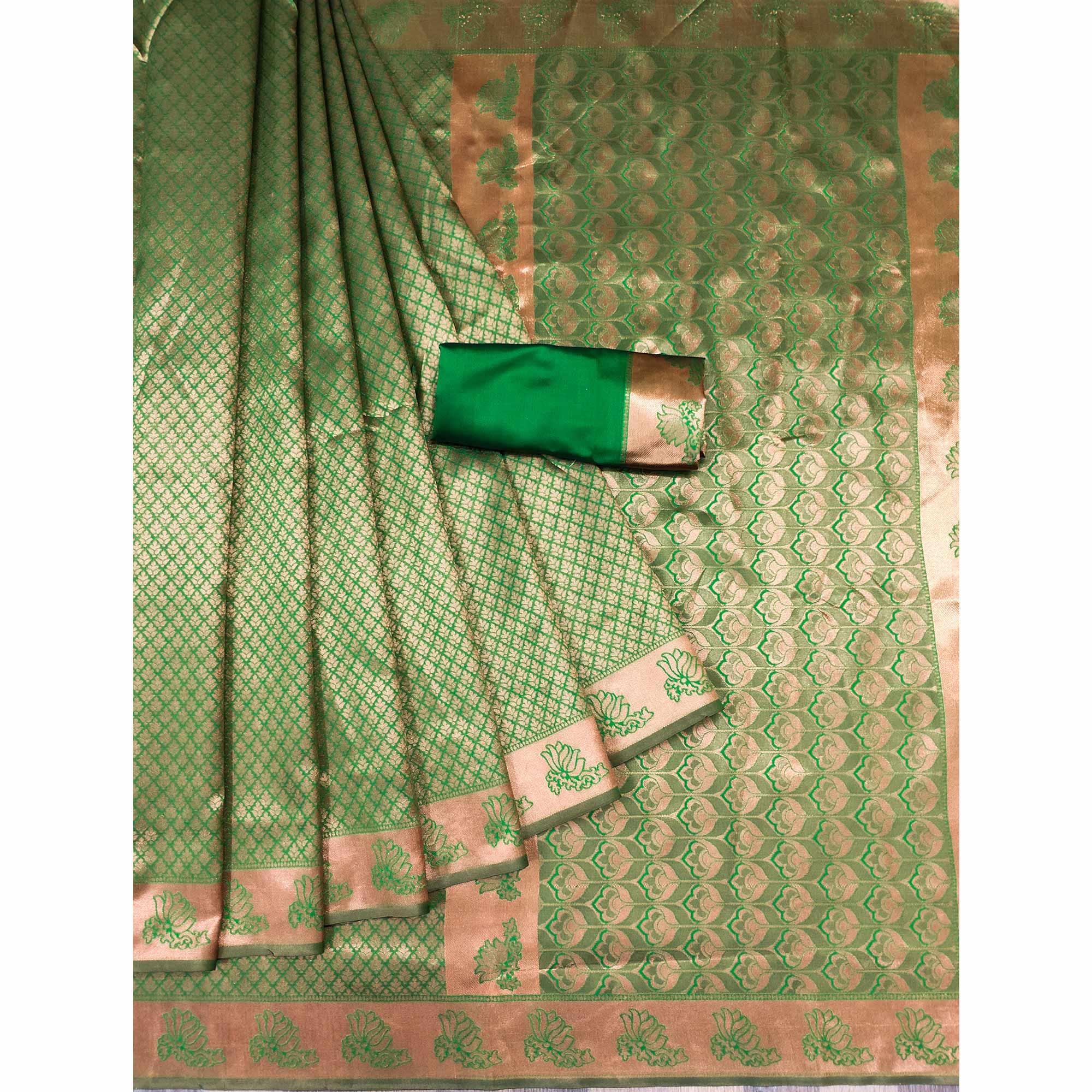 Green Woven Banarasi Silk Saree - Peachmode