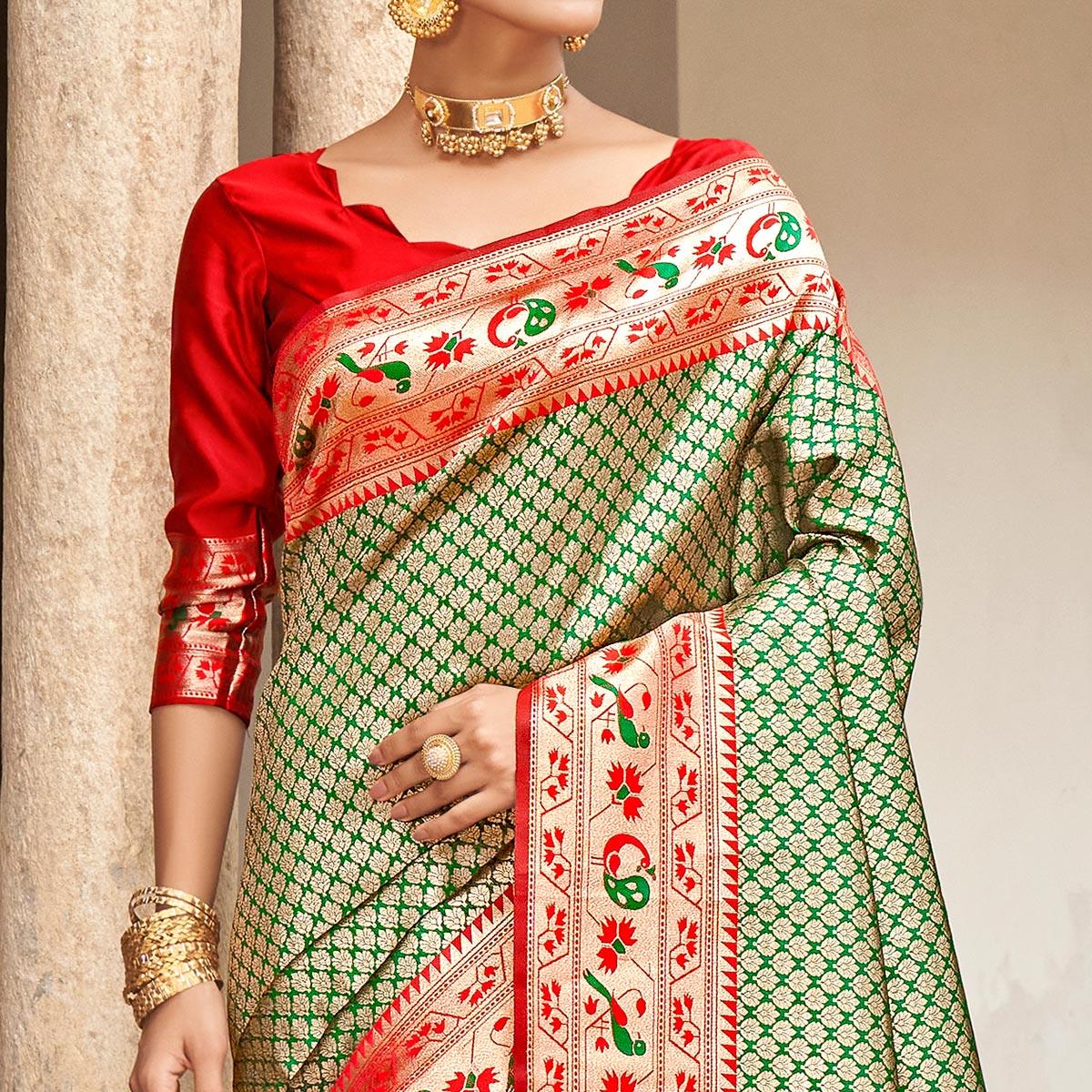 Green Woven Banarasi Silk Saree - Peachmode