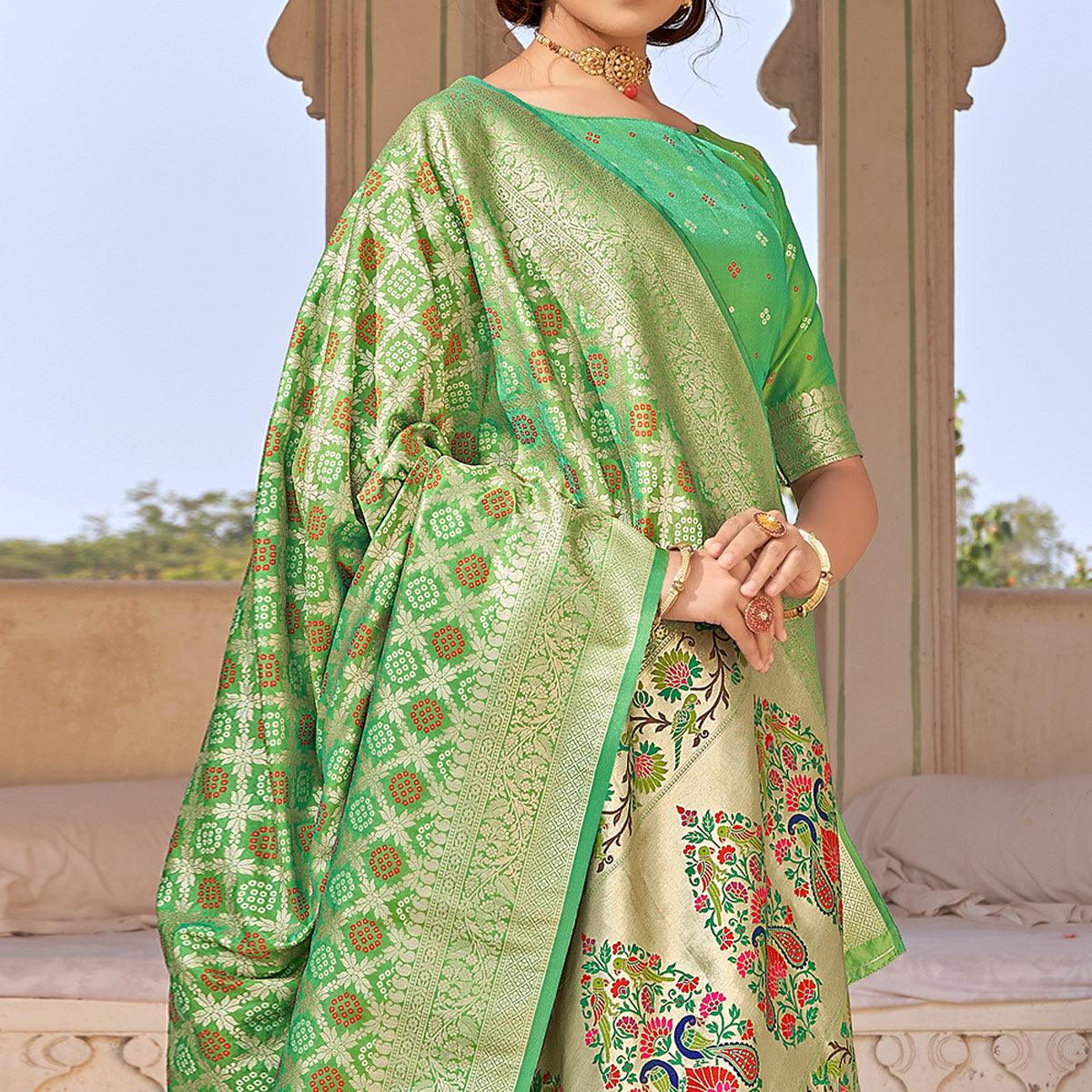 Green Woven Banarasi Silk Saree - Peachmode